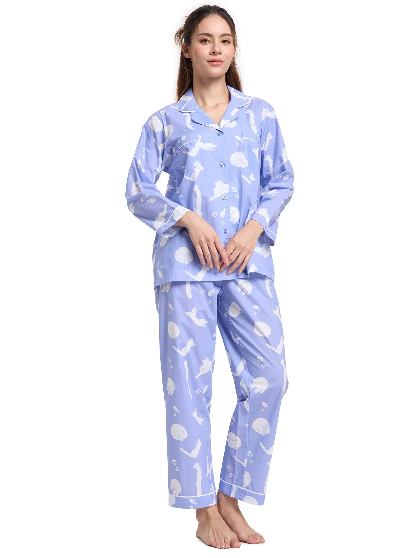 FOF Women Pyjamas Shirt Long Sleeves Collar Neck + Pants Print Purple