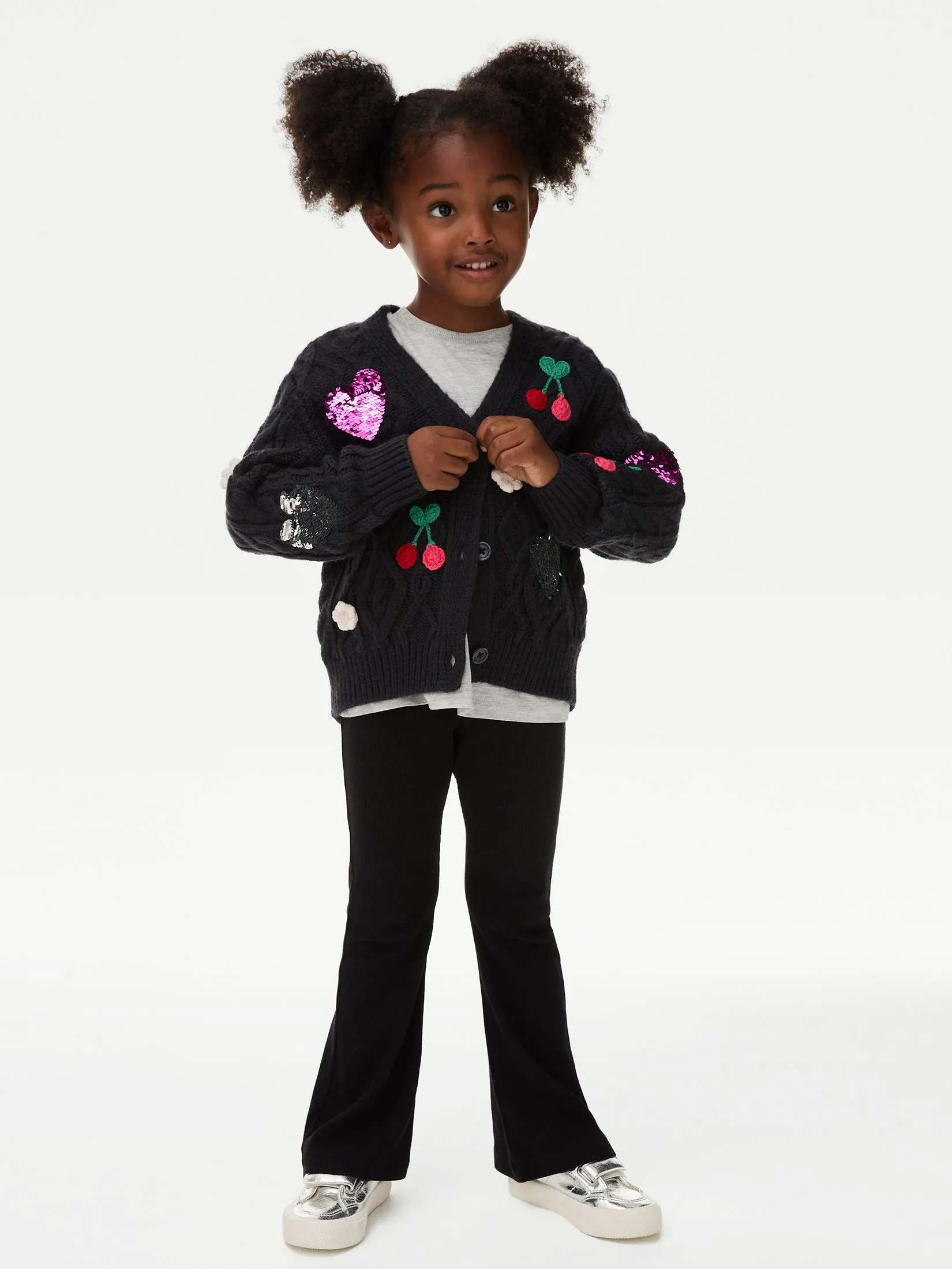 MARKS & SPENCER KIDS Girl Toddler Cardigan Embroidered Sequin Heart Cherry Carbon