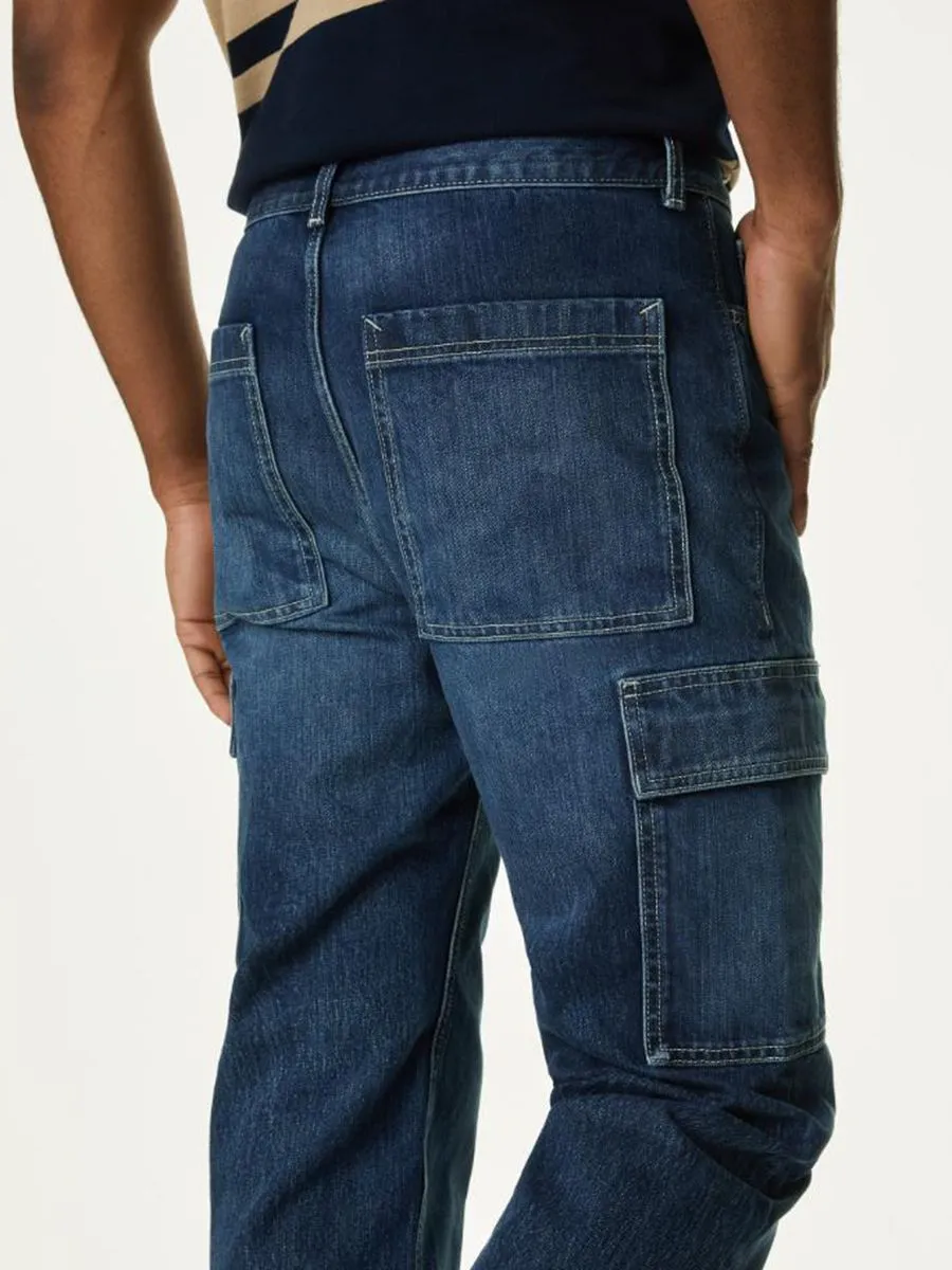 MARKS & SPENCER Men Cargo Jeans Straight Fit Denim E2_Medium Blue