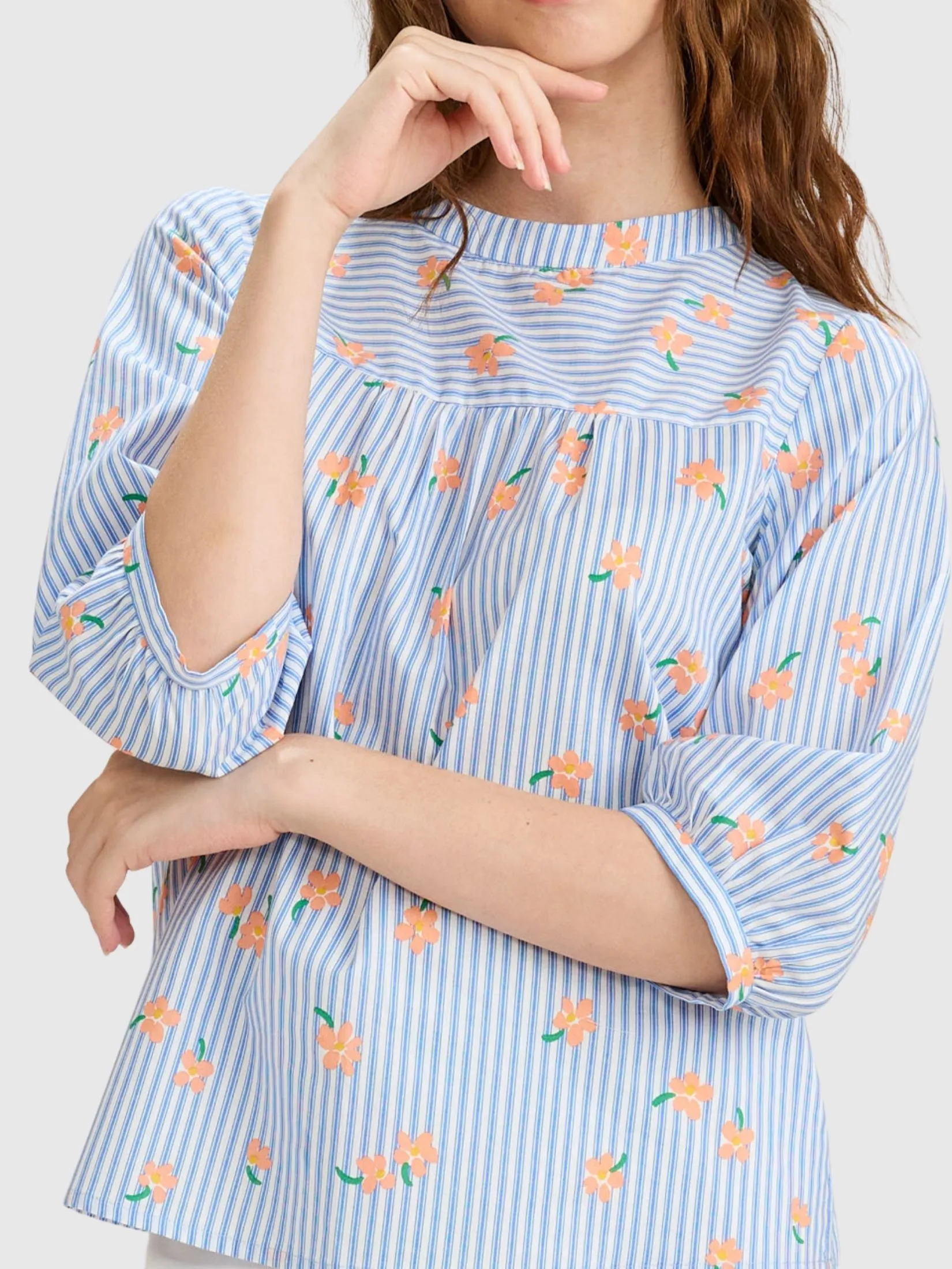 AMILA Women Blouse Long Sleeves Cotton Blue