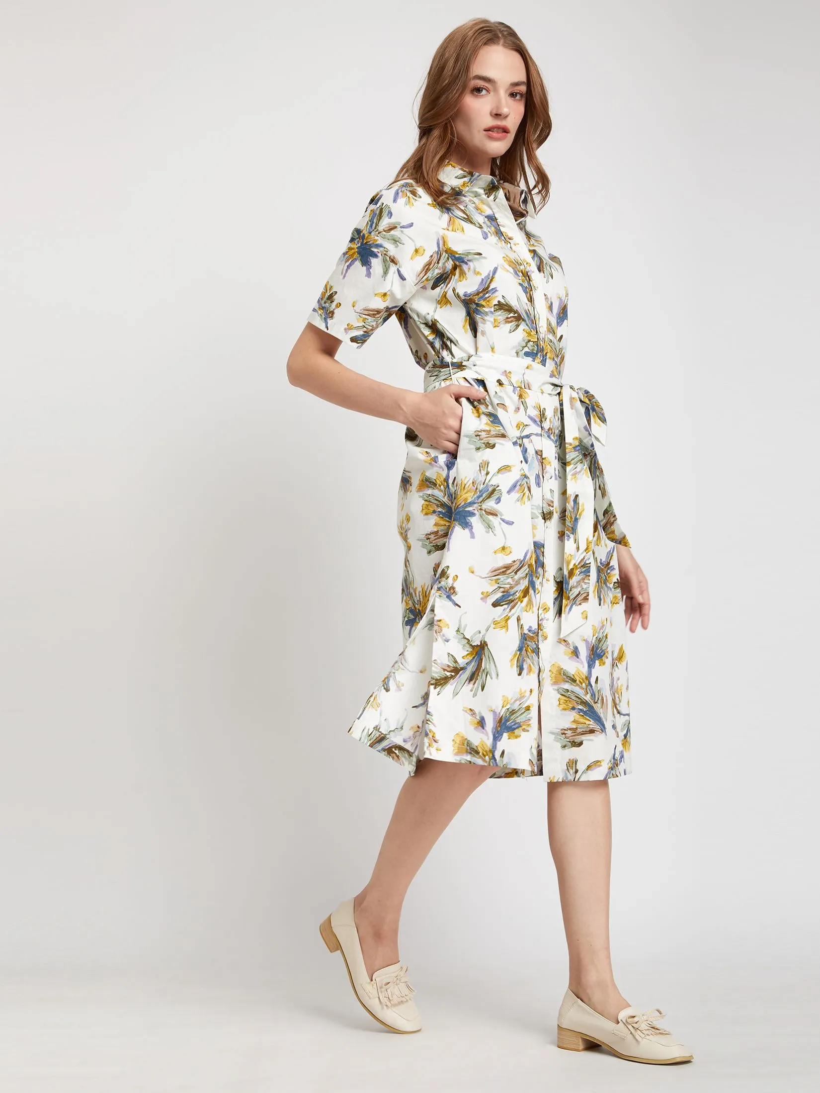 ALUMNUS Women Dress Short Sleeves Collar Neck Print