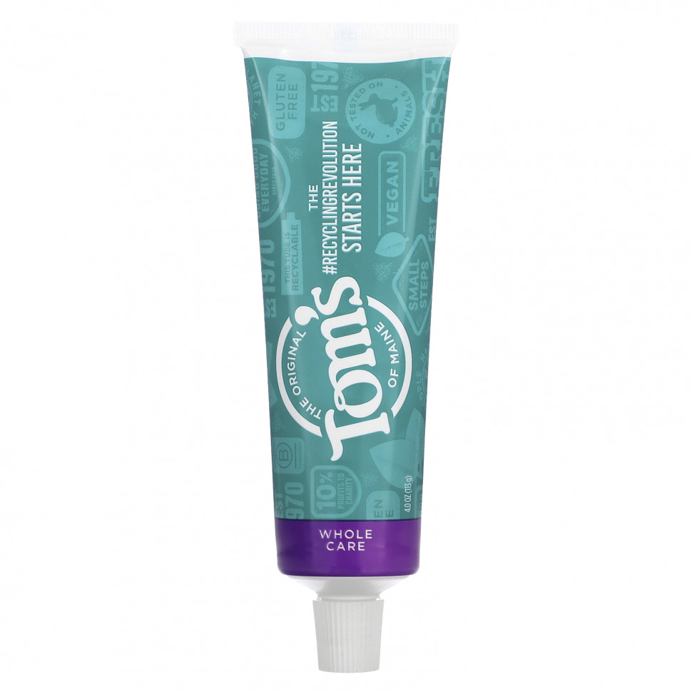 Tom's of Maine, Whole Care, Natural Anticavity Toothpaste with Fluoride, Peppermint, 4.0 oz (113 g)