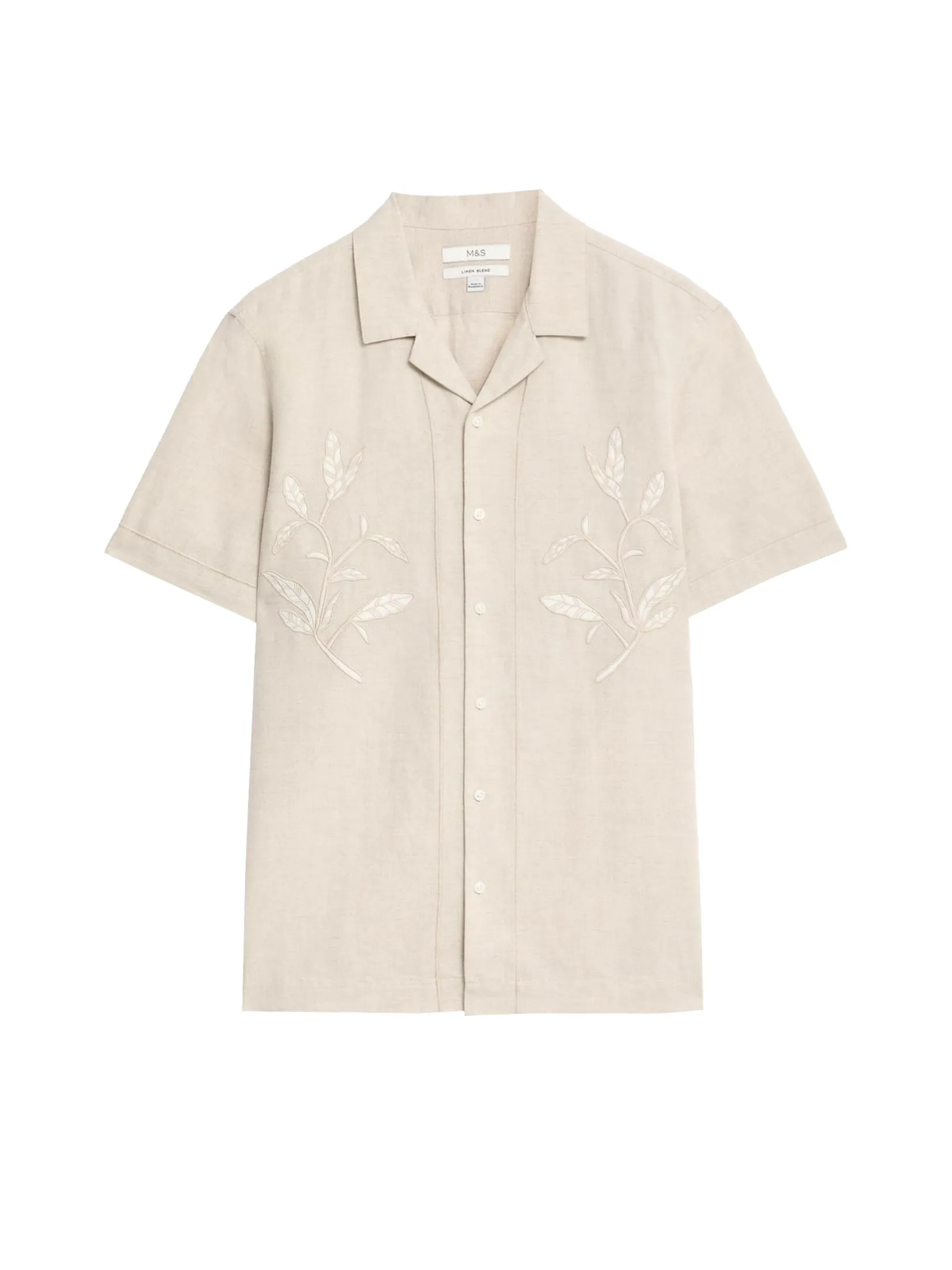 MARKS & SPENCER Men Shirt Short Sleeves Cotton Linen Blend Cuban Collar NB_ECRU MIX