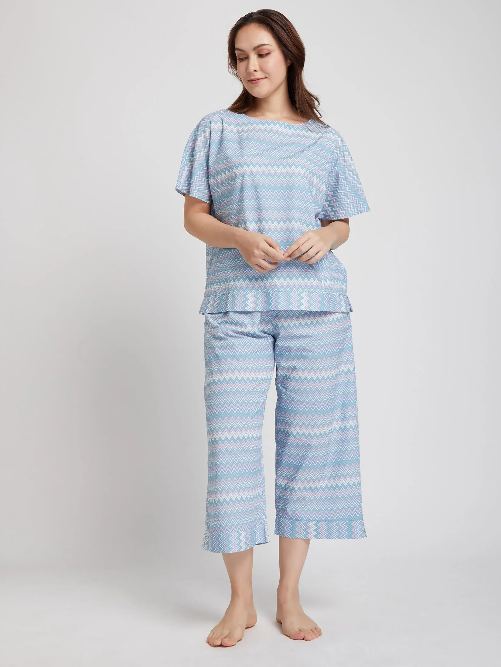 ELIZABETH Women Pyjamas T-Shirt Short Sleeves Round Neck + Cropped Pants Stripe Print Multi-Color