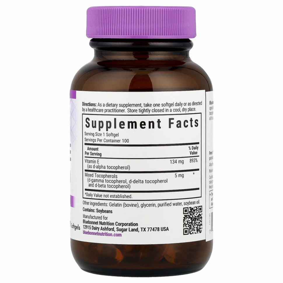 Bluebonnet Nutrition, Витамин E, 200 МЕ, 100 гелевых капсул