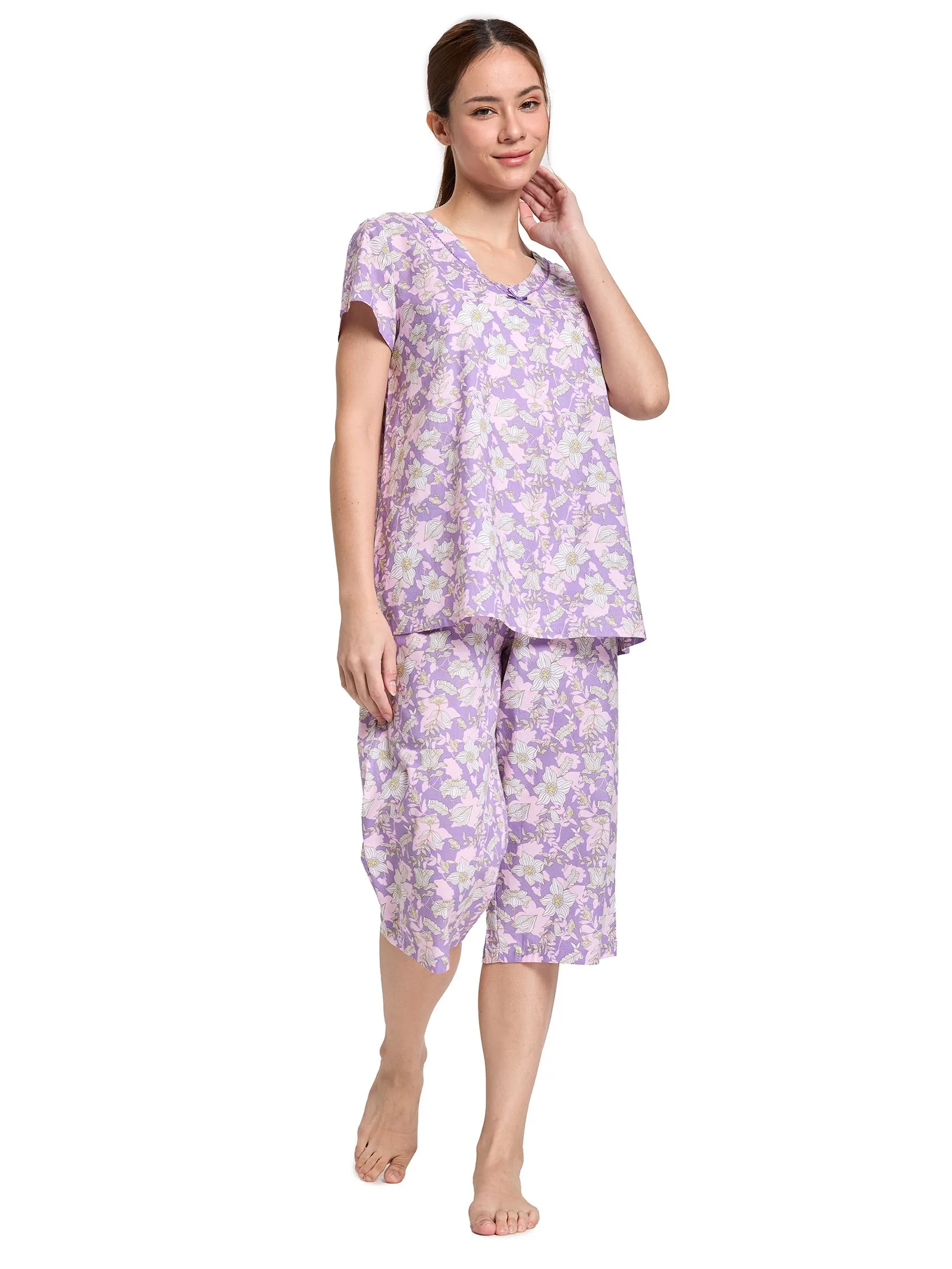 CLAUDIA'S ROMANCE Women Pyjamas Short Sleeves V-Neck + 3/4 Pants Print Violet