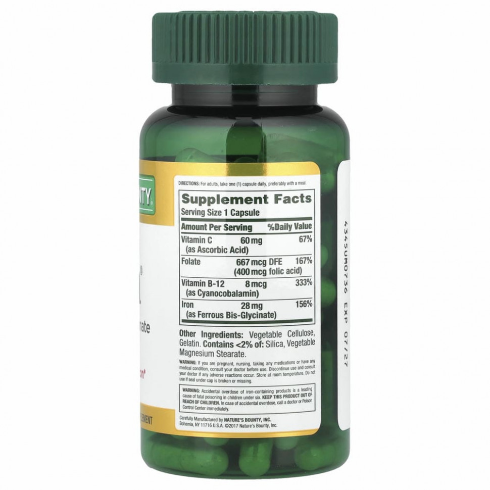 Nature's Bounty, Gentle Iron, железо, 28 мг, 90 капсул