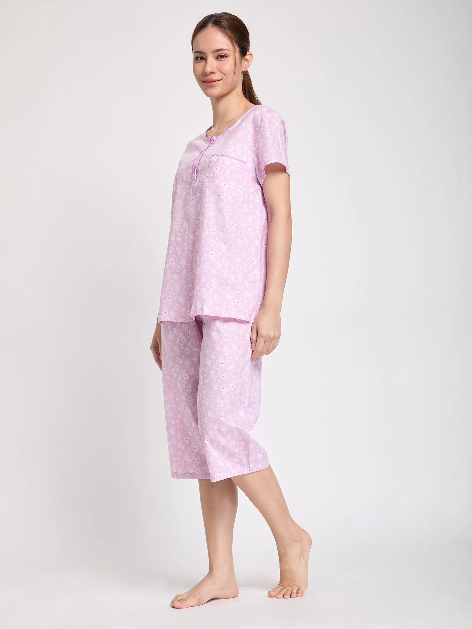 CLAUDIA'S ROMANCE Women Pyjamas Polo Short Sleeves Round Neck + 3/4 Pants Floral Print Pink
