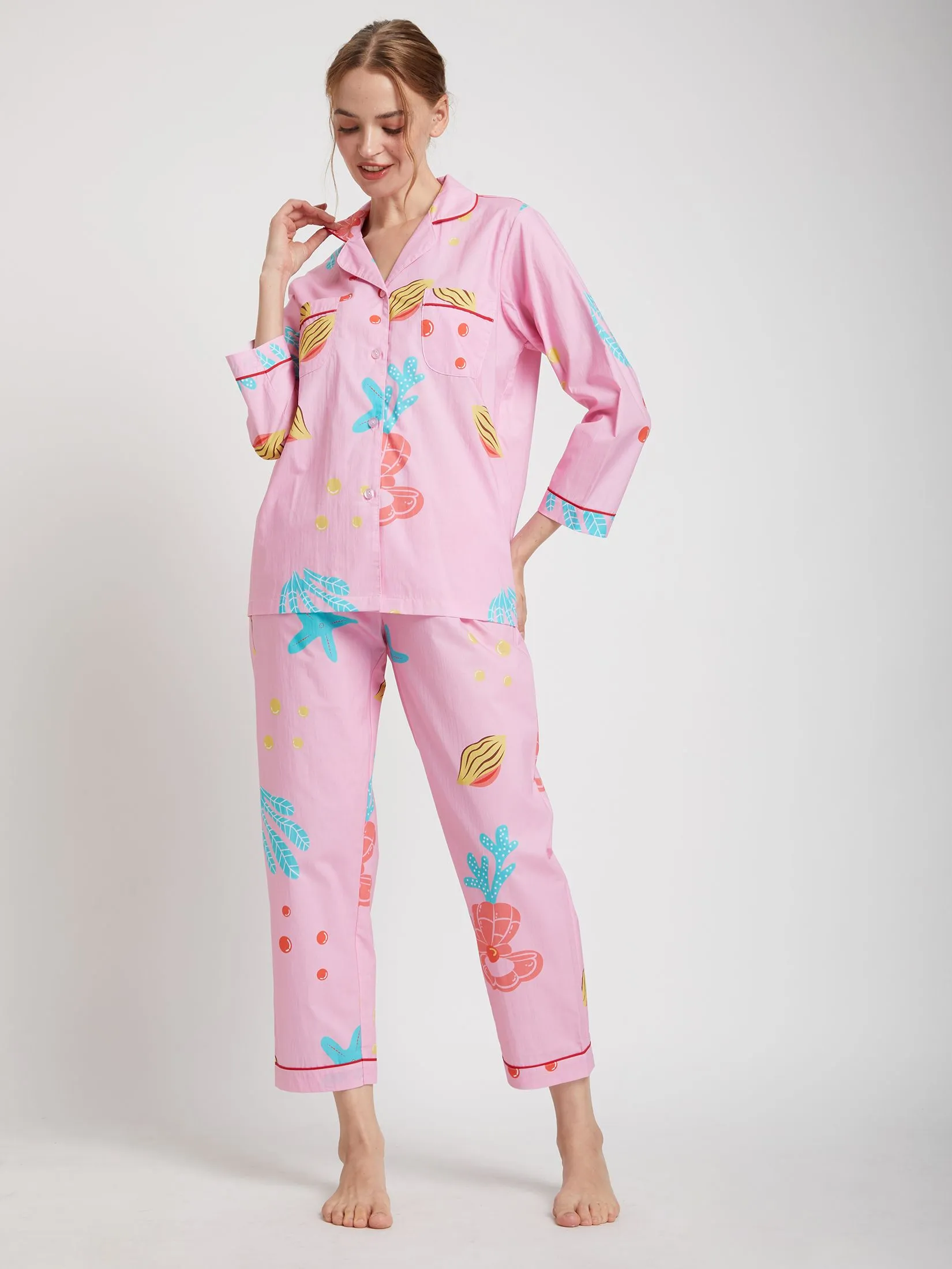 FOF Women Pyjamas Shirt Long Sleeves Crew Neck + Pants Sea Print Pink