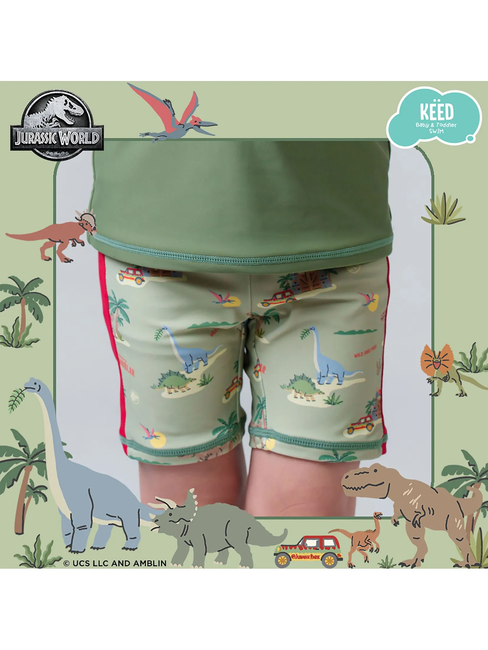 KEED Boy Swimming Set Rashguard Short Sleeves + Shorts Jurassic World Khaki Green