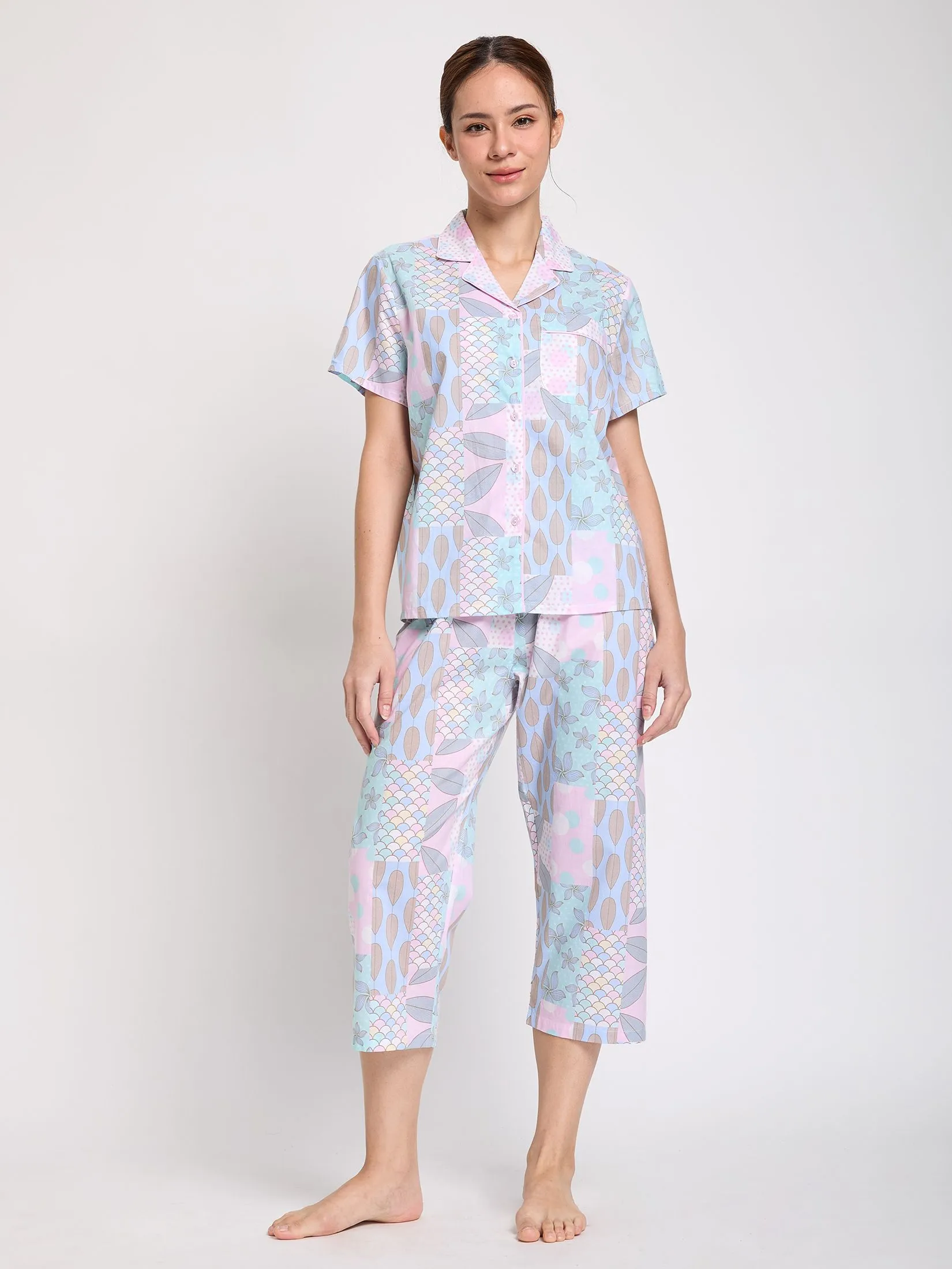 CLAUDIA'S ROMANCE Women Pajamas Set Hawaiian Shirt Short Sleeves + 5-Part Pants Pink