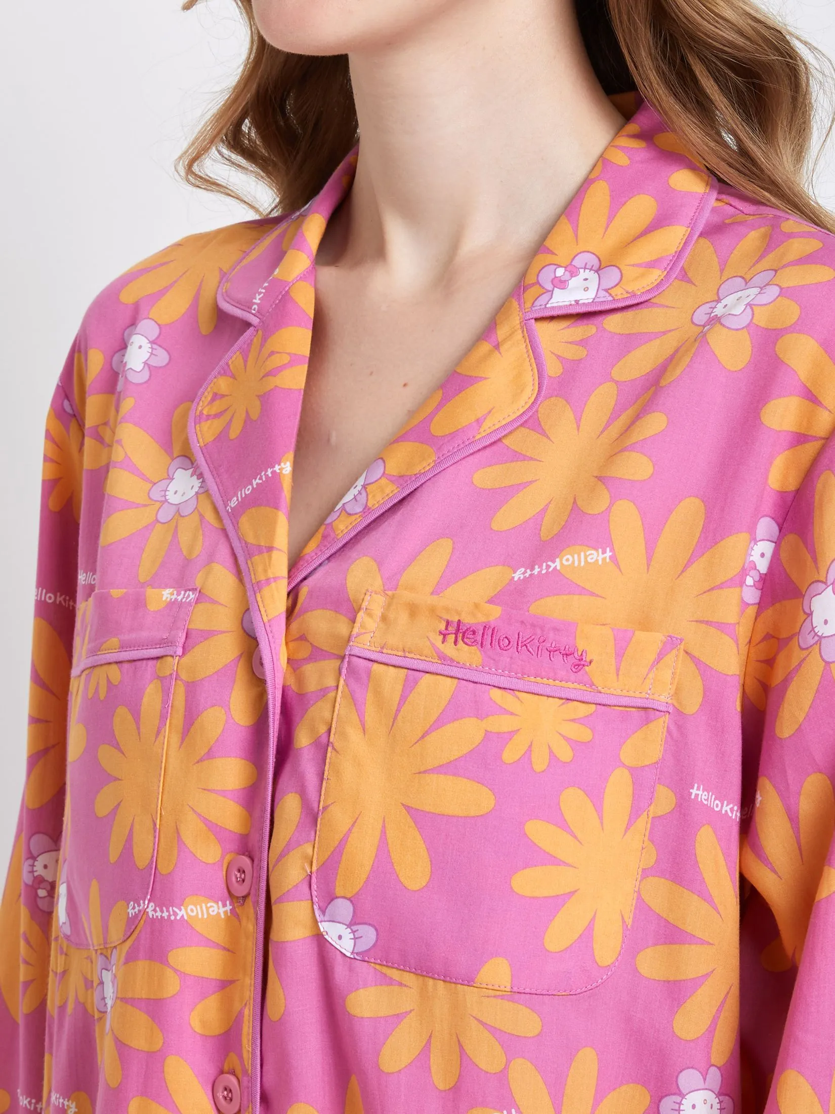 SANRIO Women Pyjamas Dress Long Sleeves Flower Face Hello Kitty Pink