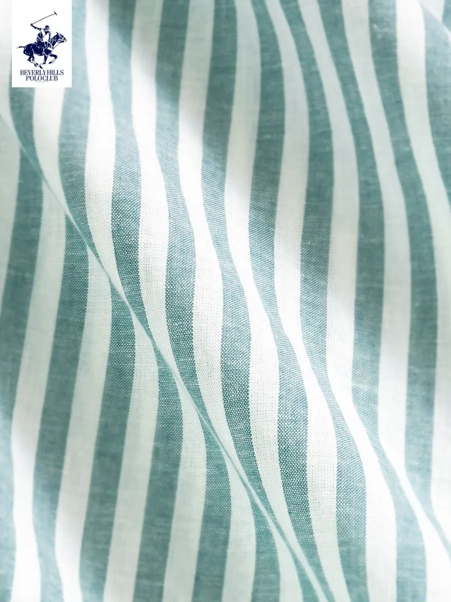 BEVERLY HILLS POLO CLUB Men Cotton Linen Open Collar Shirt Short Sleeve, Striped