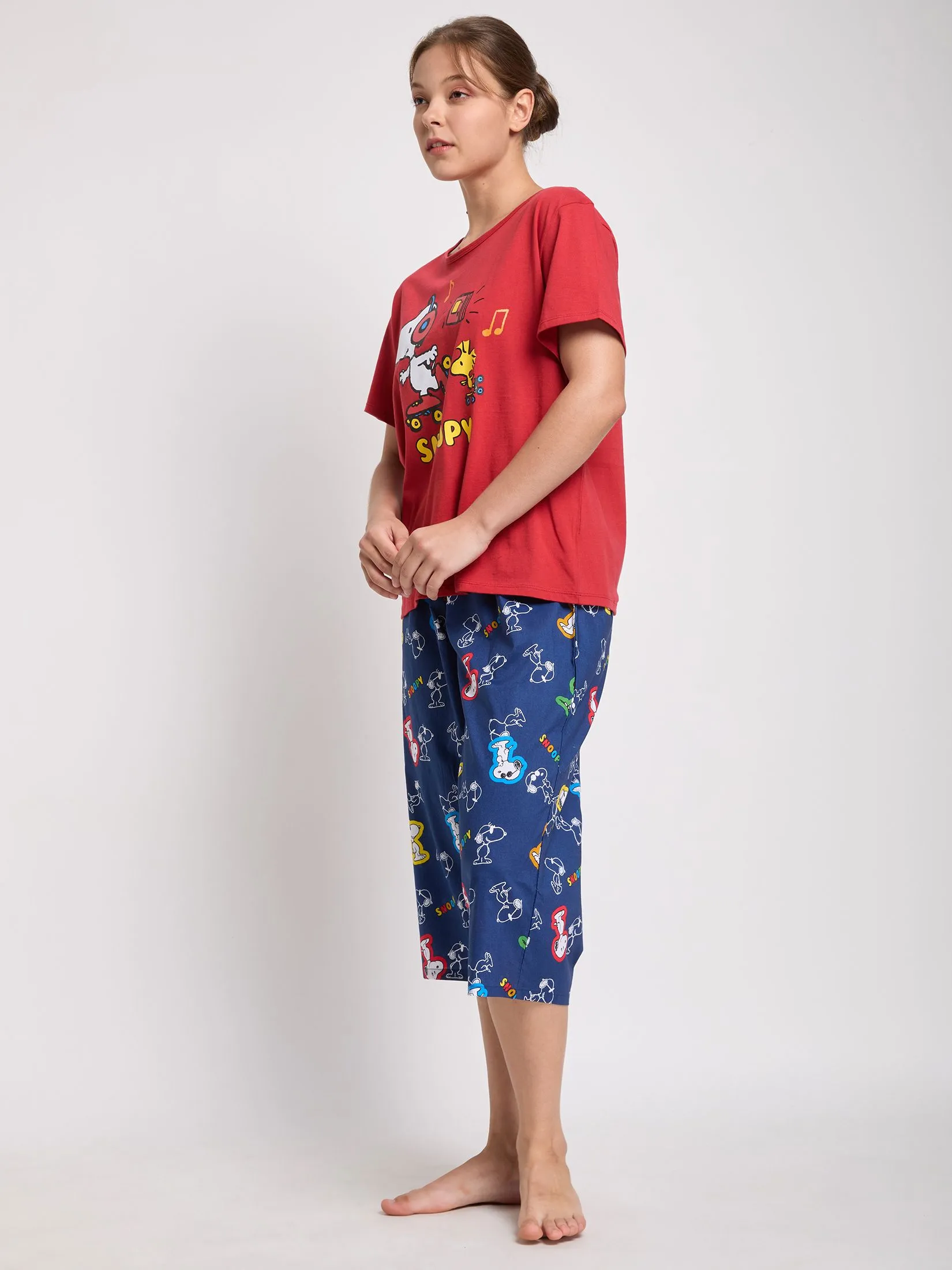 SWEET SENSATIONS Women Pyjamas Set Short Sleeves T-Shirt + Crop Pants Snoopy Print Dark Blue