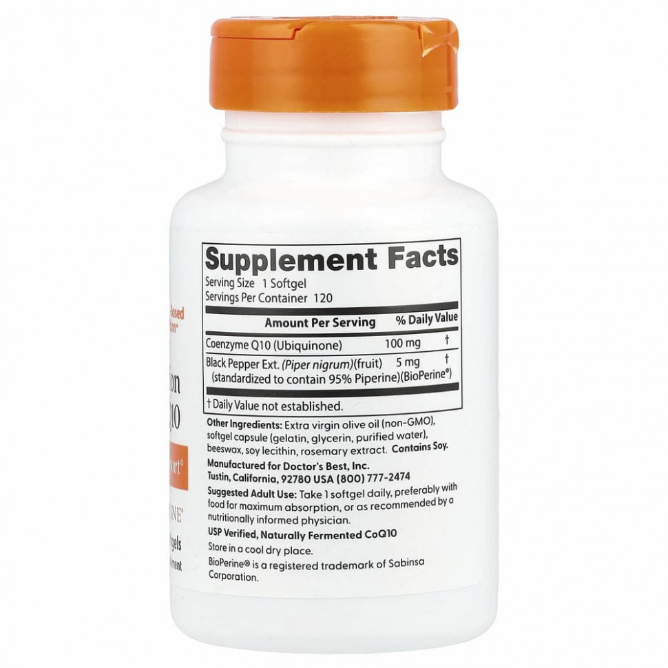 Doctor's Best, коэнзим Q10 с высокой степенью всасывания с BioPerine, 100 мг, 120 капсул