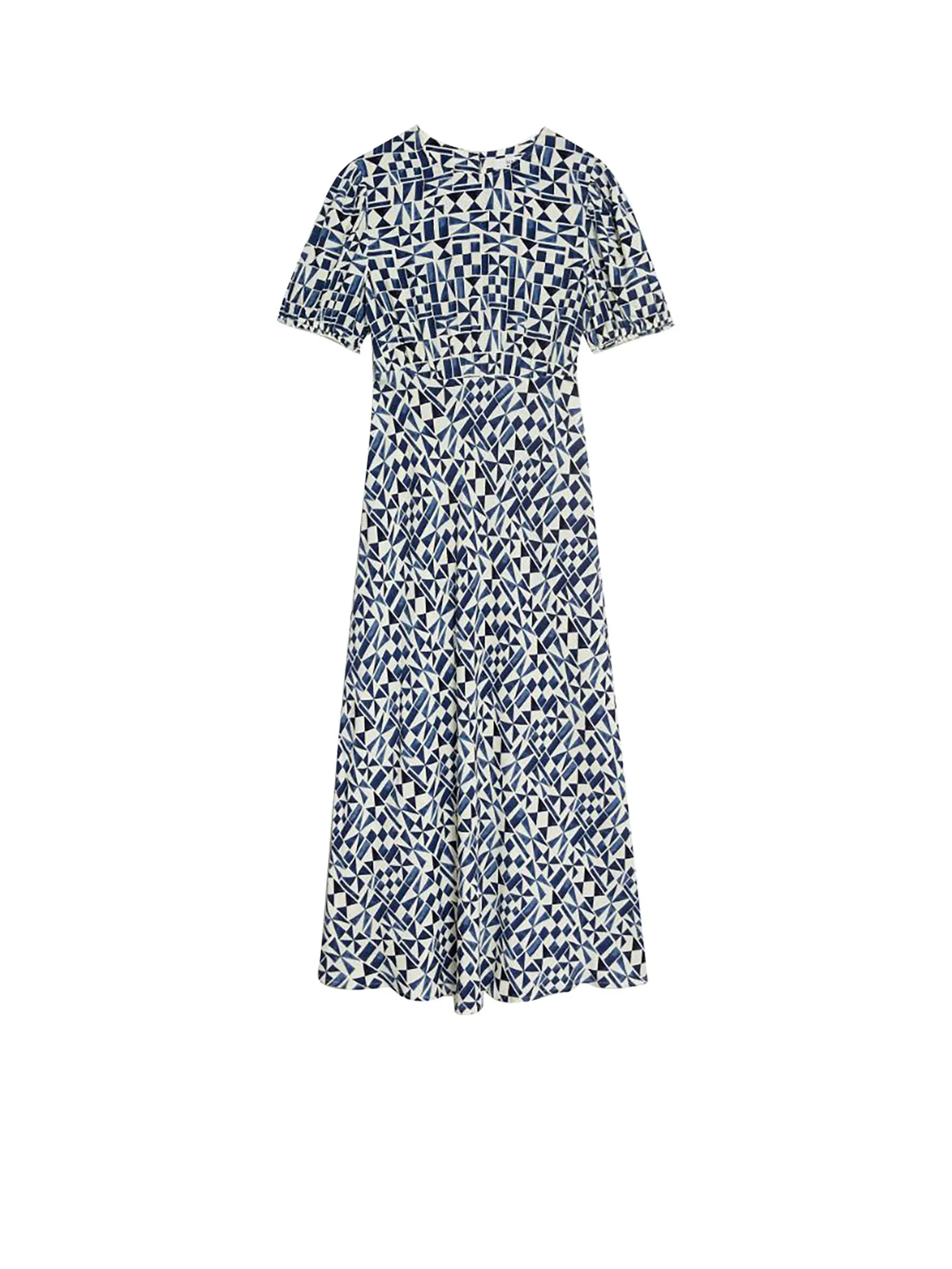 MARKS & SPENCER Women Midaxi Tea Dress Geometric Round Neck Navy Mix