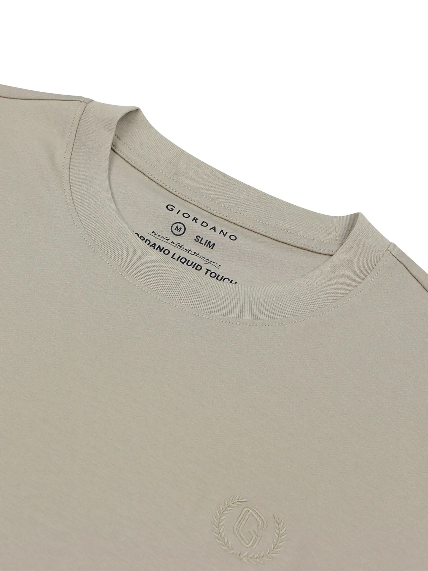GIORDANO Men's Slim Cotton Embroidery Tee (Liquid Touch) Pure cashmere khaki