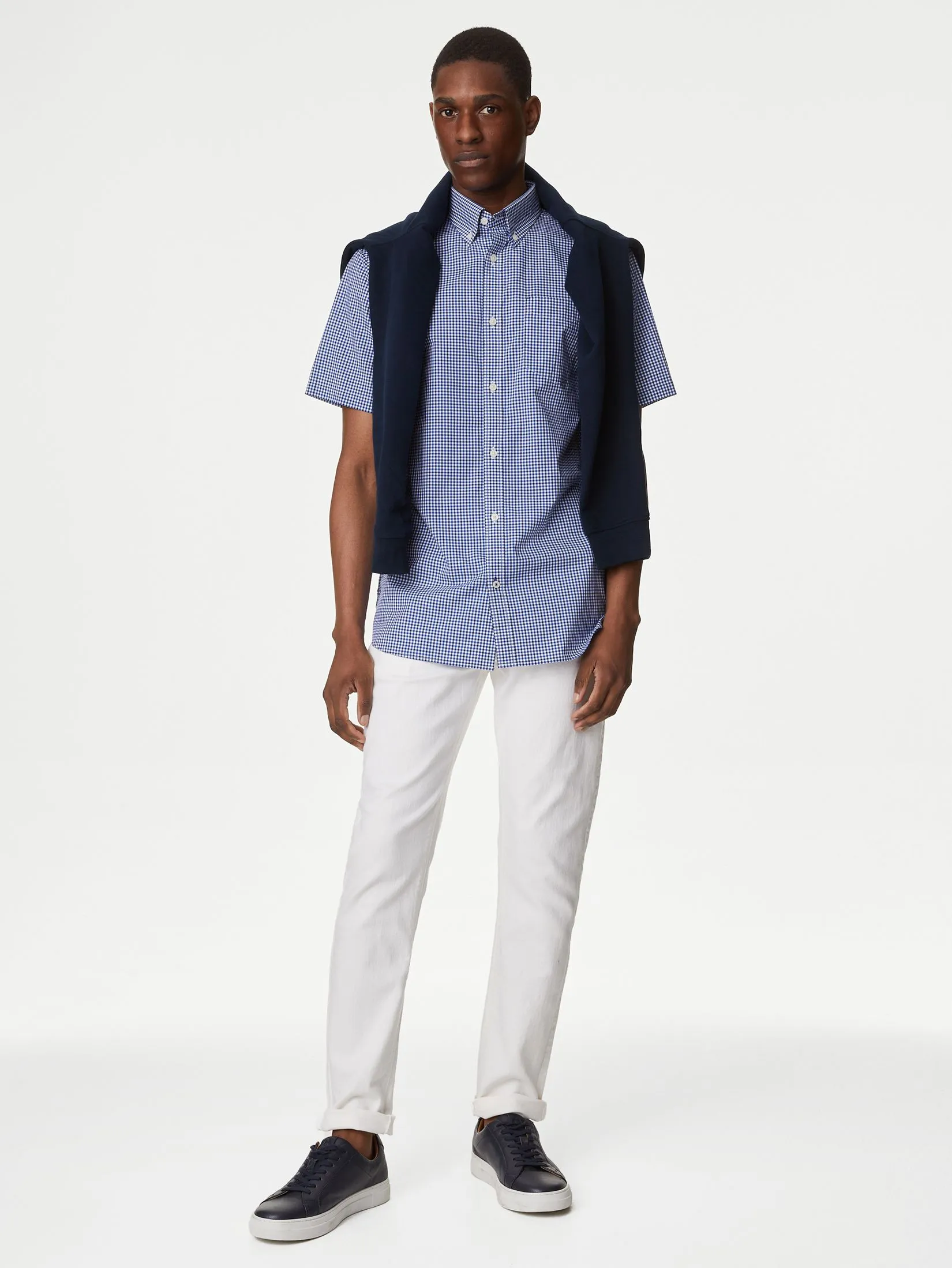 MARKS & SPENCER Men Shirt Short Sleeves Easy Iron Cotton Stretch Gingham Check Oxford Print