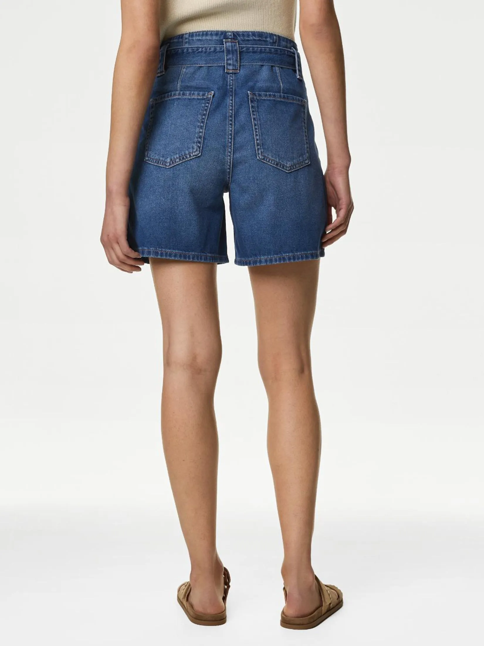 MARKS & SPENCER Women Shorts Denim Pleat Front Belted Medium Indigo
