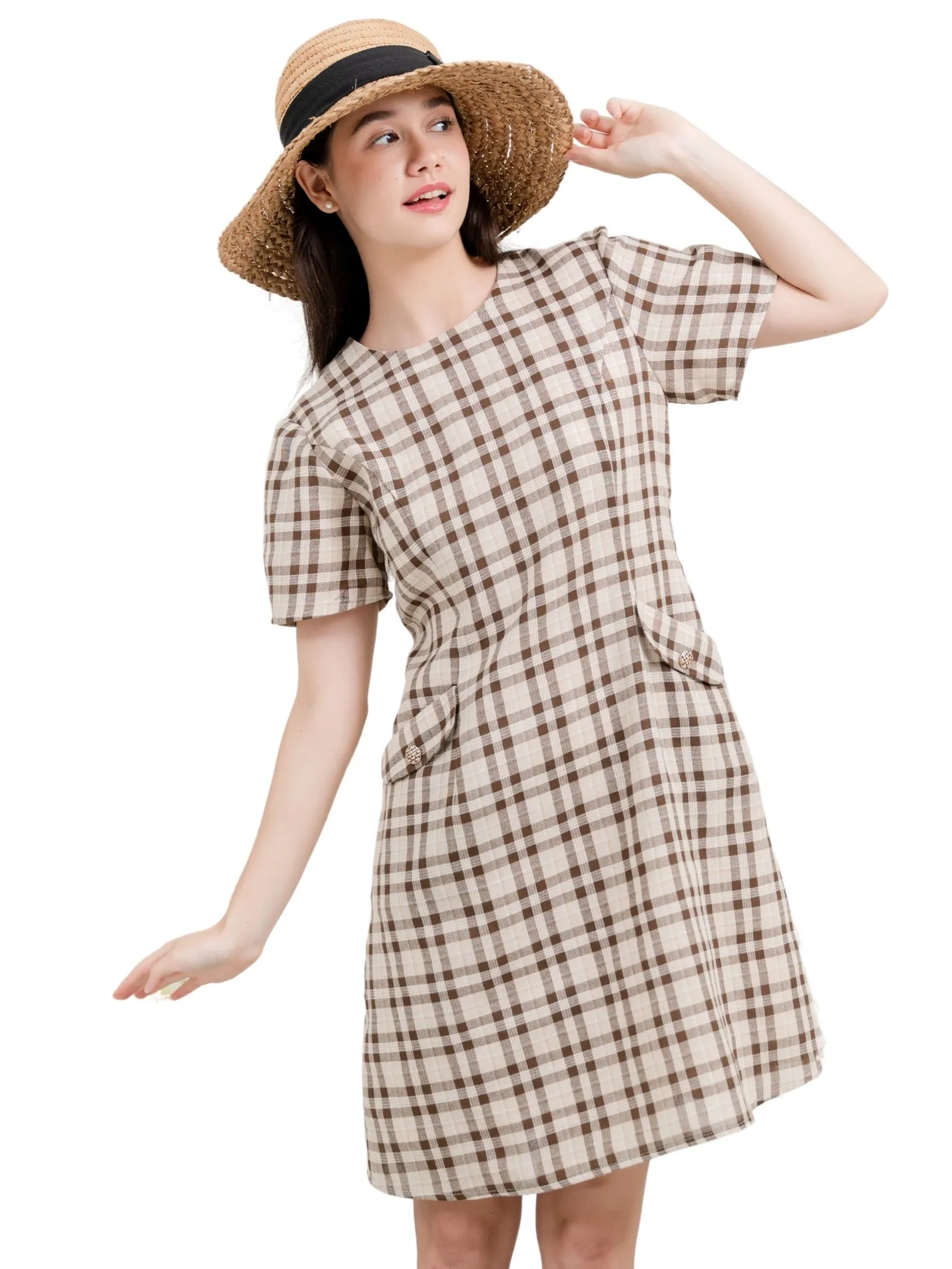 AMILA Women Dress Short Sleeves Linen Brown