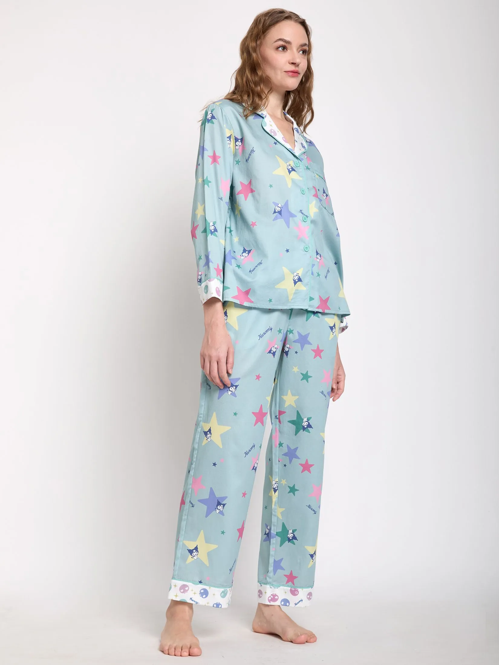 SANRIO Women Sleepwear Shirt Long Sleeves + Pants Kuromi Star Light Blue
