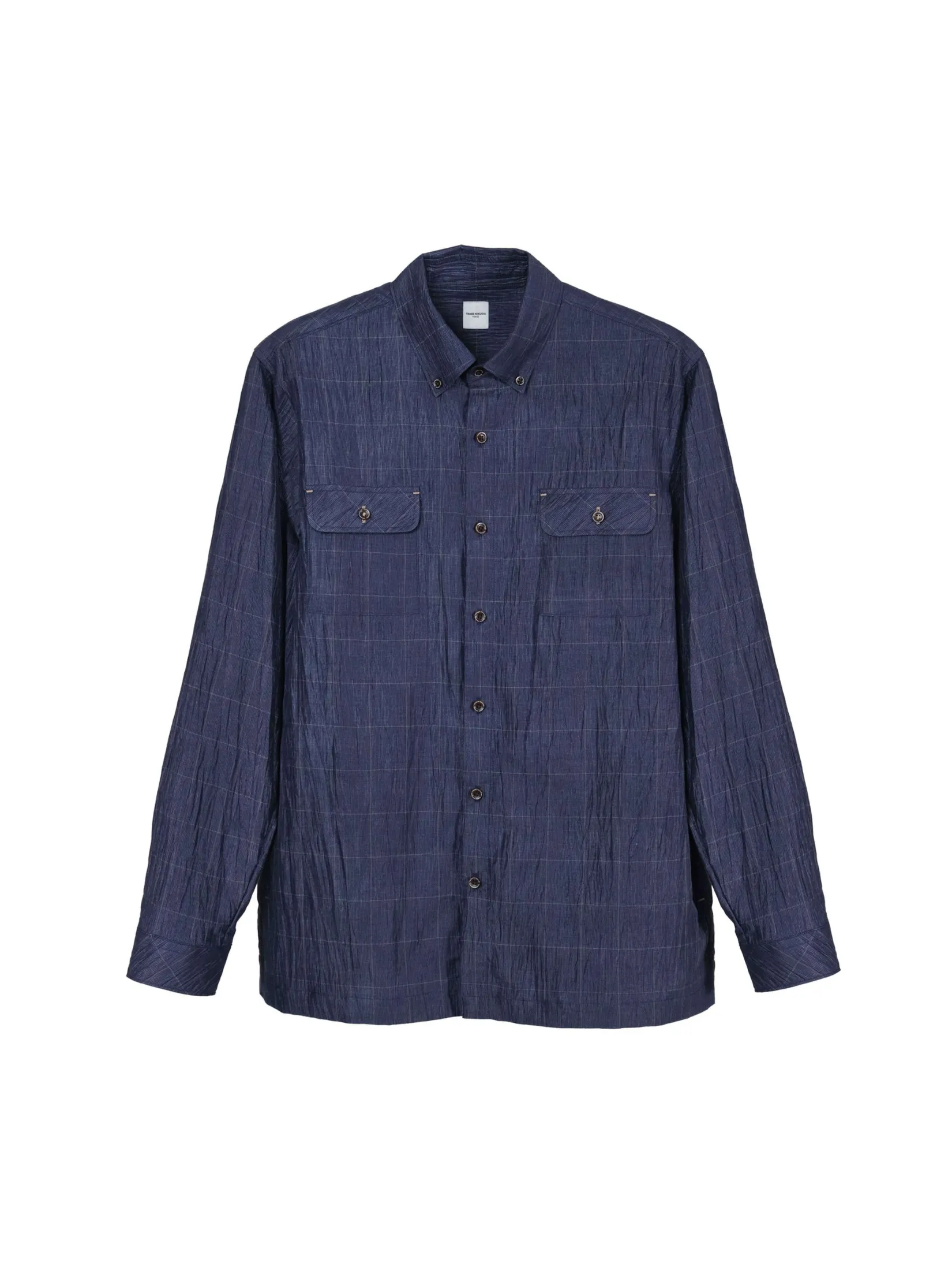 TAKEO KIKUCHI MEN NAVY GRID TEXTURED STRIPE CHECK OVERSIZED SHIRT
