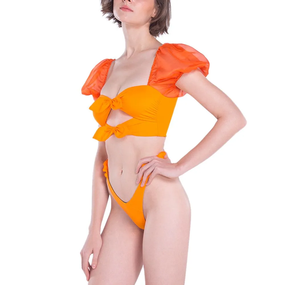 ANGELYS BALEK ORANGE PUFF SHOULDER CUTOUT BANDEAU & BRAZILIANN RUFFLE BRIEF WOMEN SWIMSUIT
