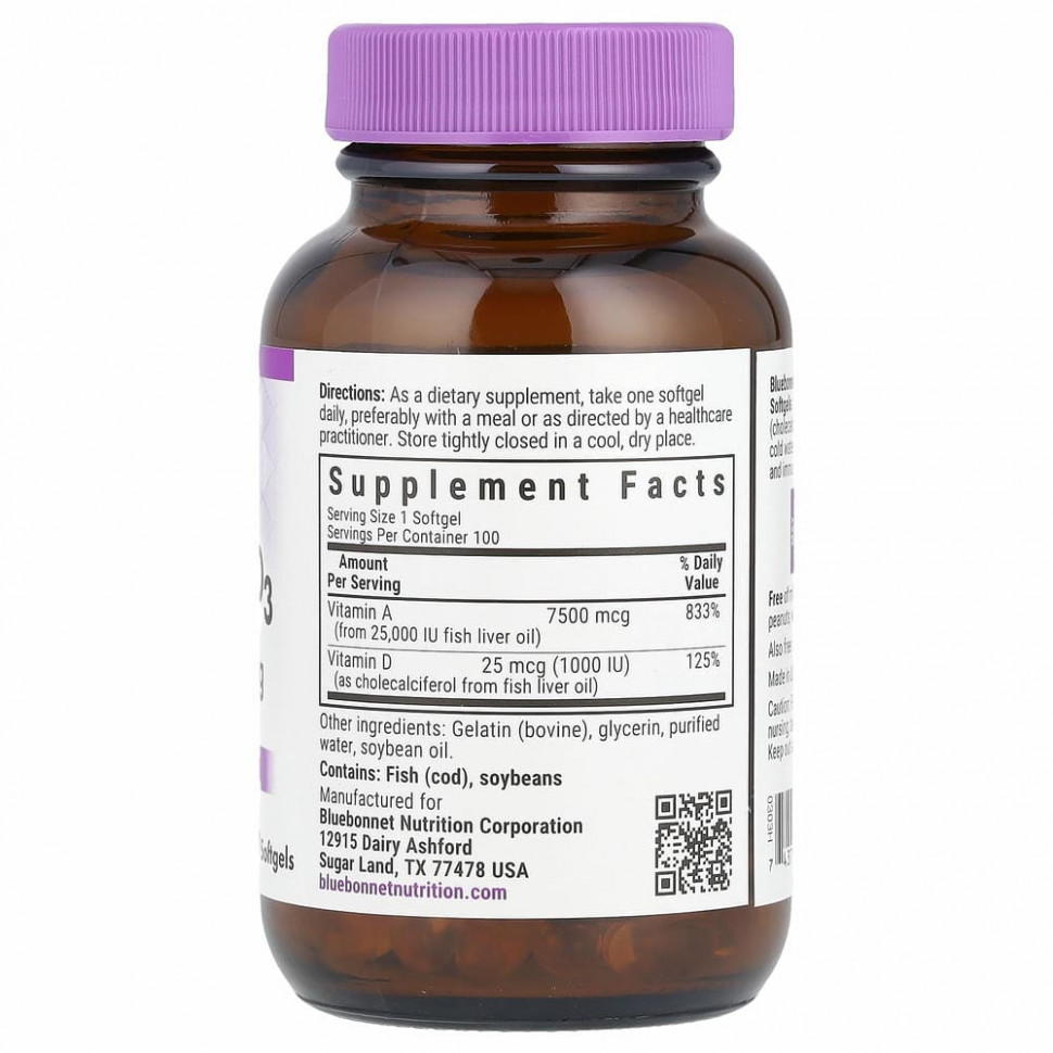 Bluebonnet Nutrition, витамины A и D3, 100 капсул