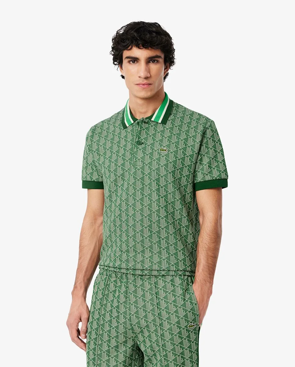 LACOSTE Classic Fit Monogram Jacquard Polo Shirt Green Size - 2
