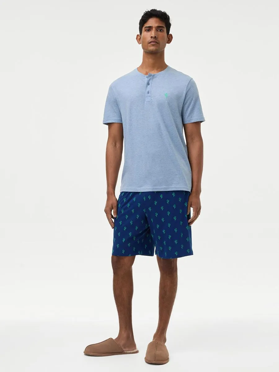 MARKS & SPENCER Men Pyjama Set T-Shirt Short Sleeves + Shorts Pure Cotton Cactus Printed  PD_Denim Mix