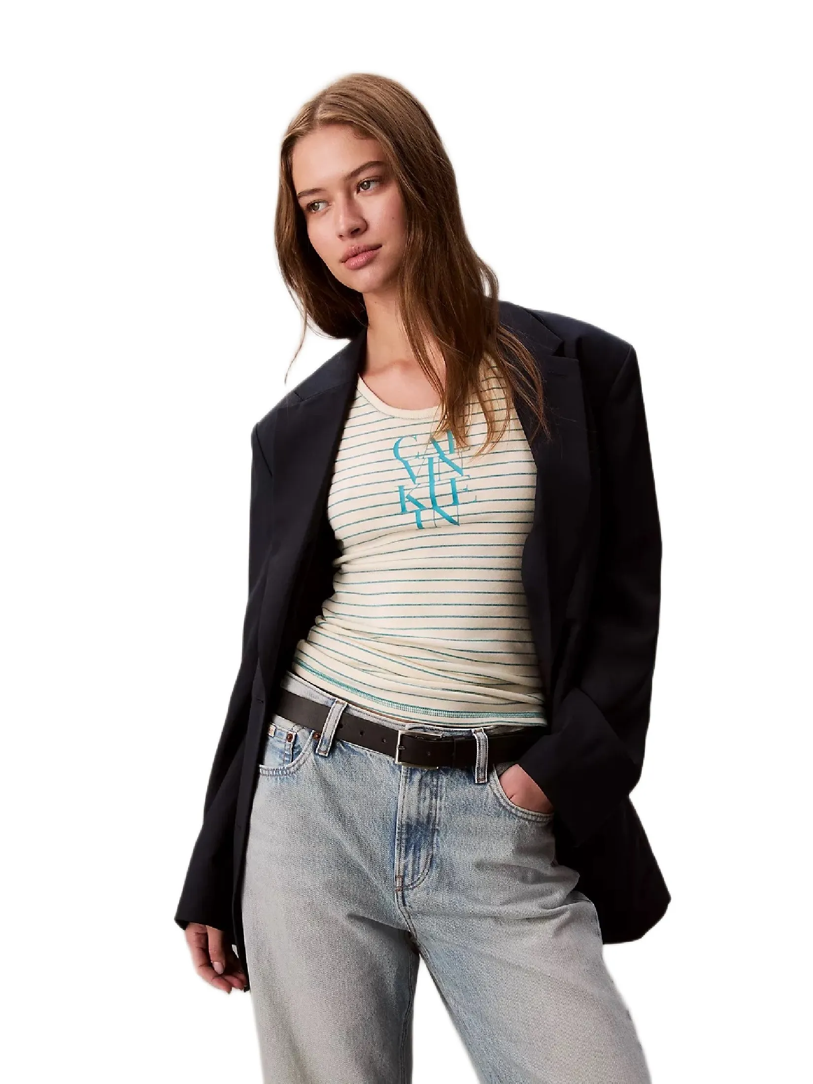 CALVIN KLEIN Women s Cotton Rib Stripe Logo Graphic Tank Top Cream