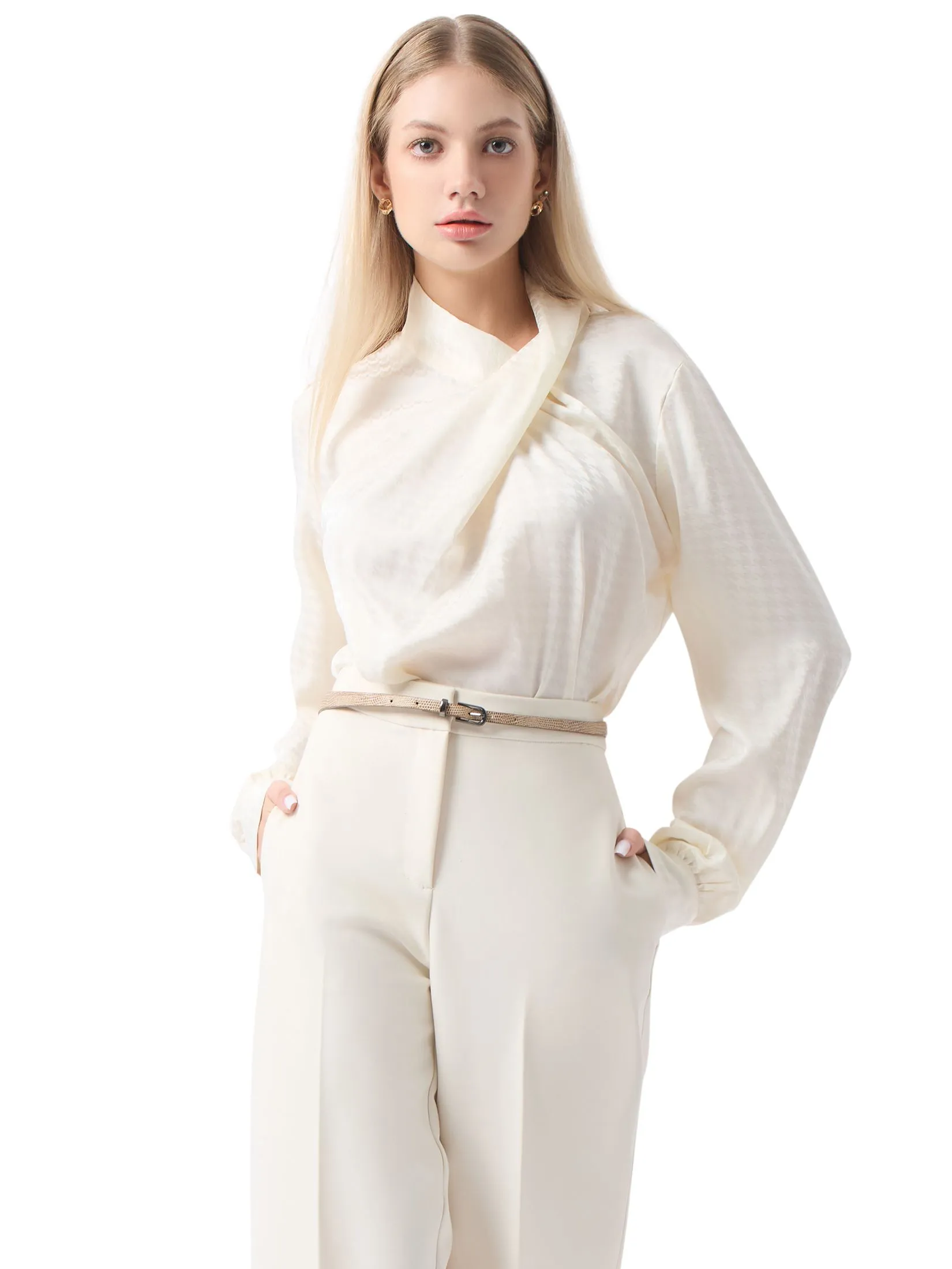 ESPADA Jacquard Blouse with Drapping Collar Details Women Ivory