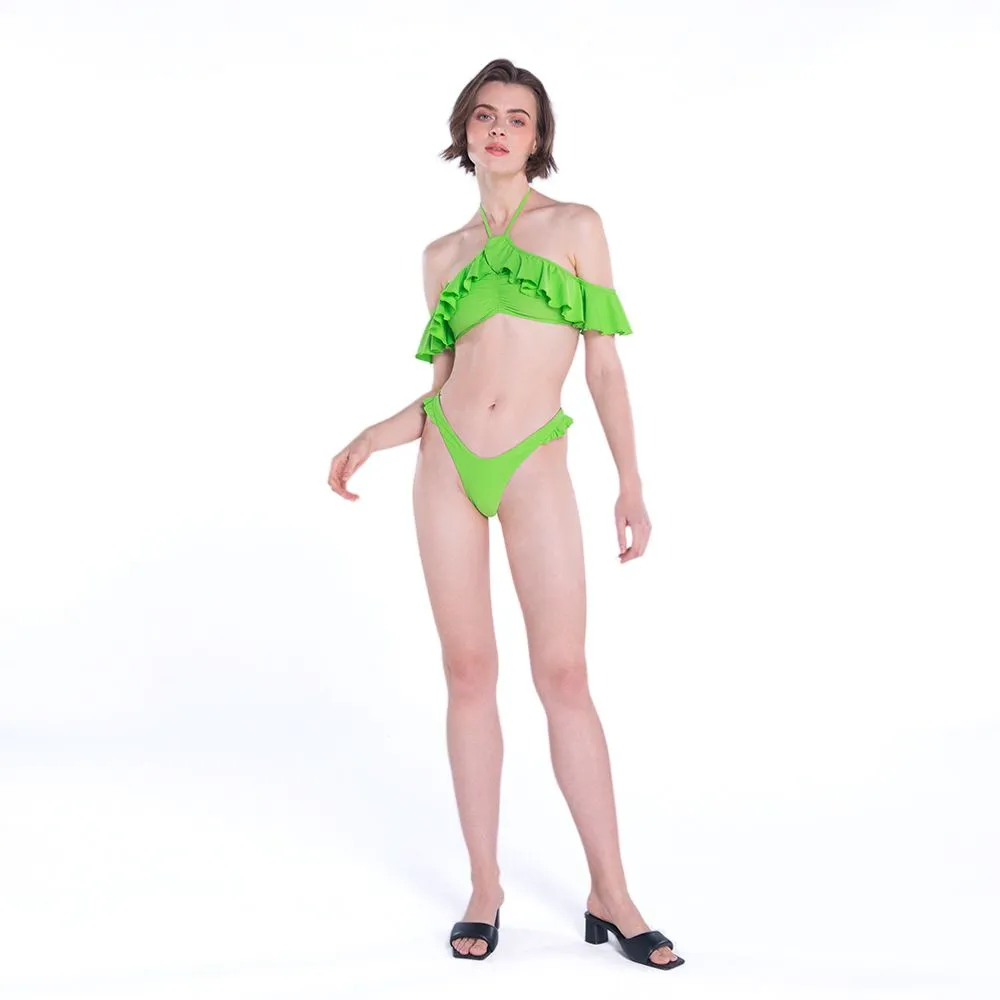 ANGELYS BALEK GREEN RUFFLE SHOULDER HALTER & RUFFLE BRAZILIAN BRIEF WOMEN SWIMSUIT