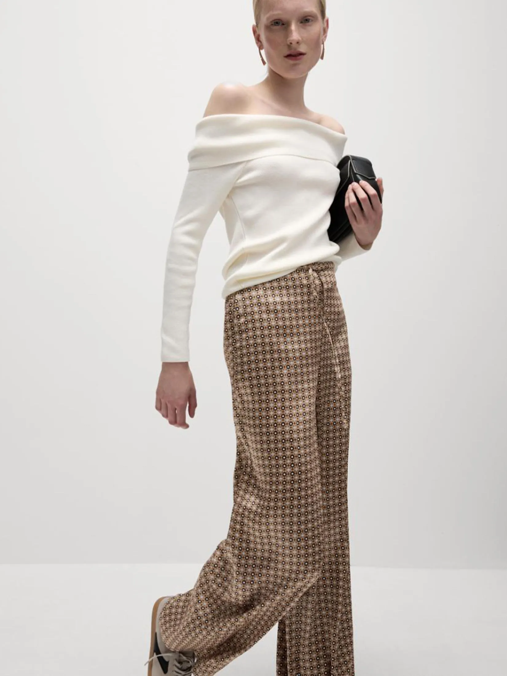 MARKS & SPENCER Women Trousers Wide Leg Geometric Drawstring Brown Mix