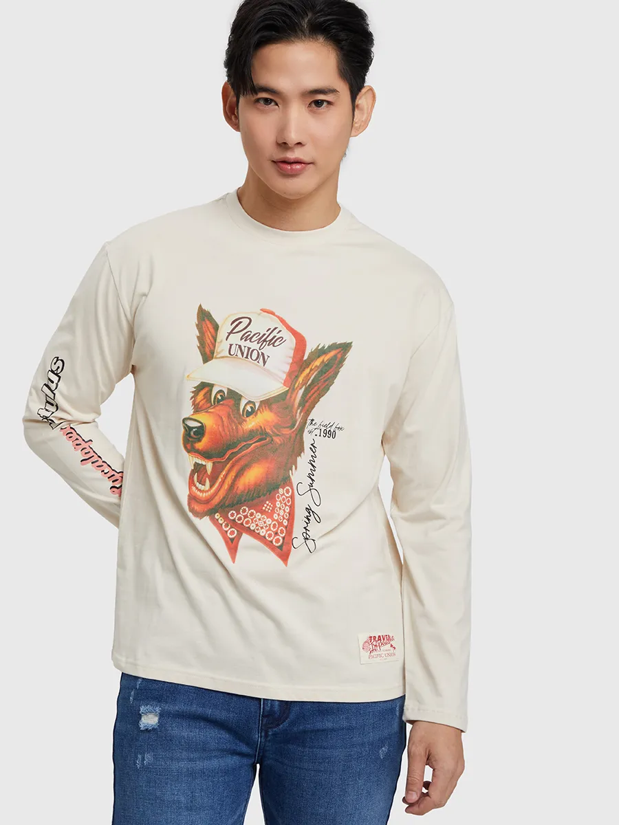 PACIFIC UNION Man T-Shirt Lycalopex Vetulus Graphic Long-Sleeve Beige