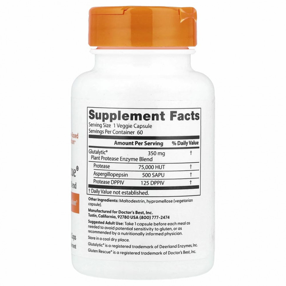Doctor's Best, Gluten Rescue, ферменты для расщепления глютена с Glutalytic, 60 вегетарианских капсул