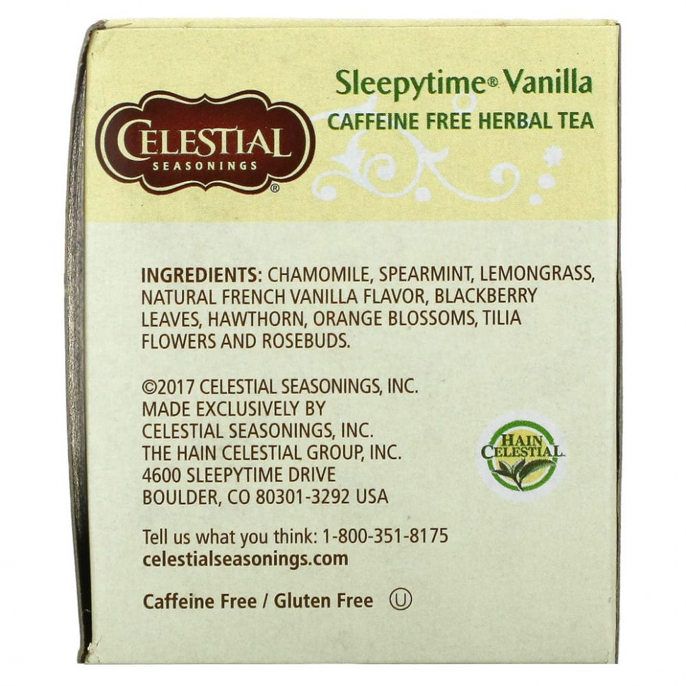 Celestial Seasonings, Травяной чай, Sleepytime Vanilla, без кофеина, 20 пакетиков, 1,0 унции (29 г)