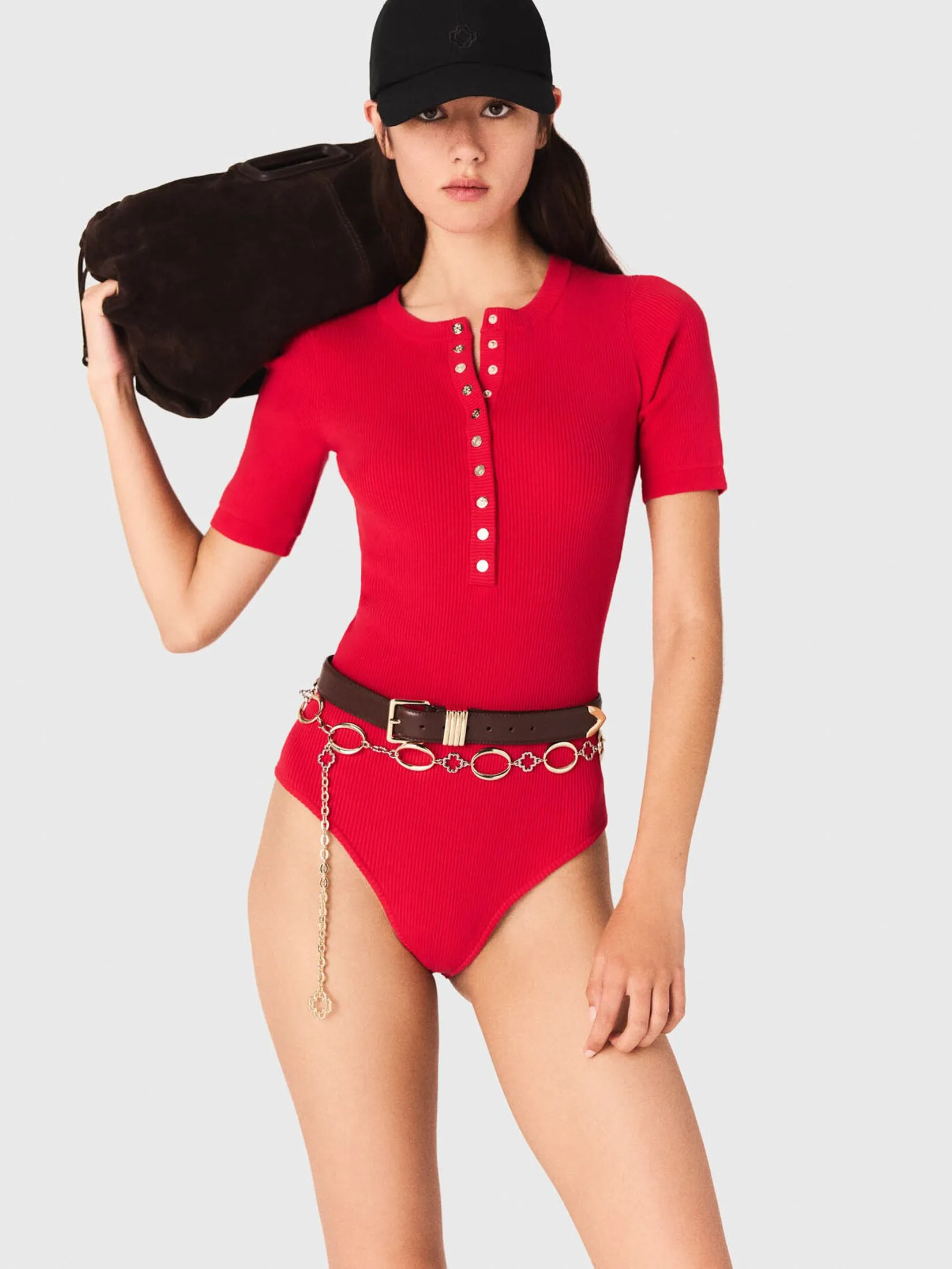 MAJE Women Bodysuit Ribbed Knit Sleeve