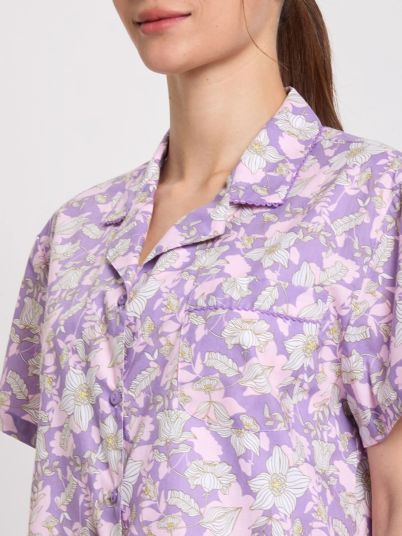 CLAUDIA'S ROMANCE Women Pyjamas Hawaii Shirt Short Sleeves + Cropped Pants Print Violet