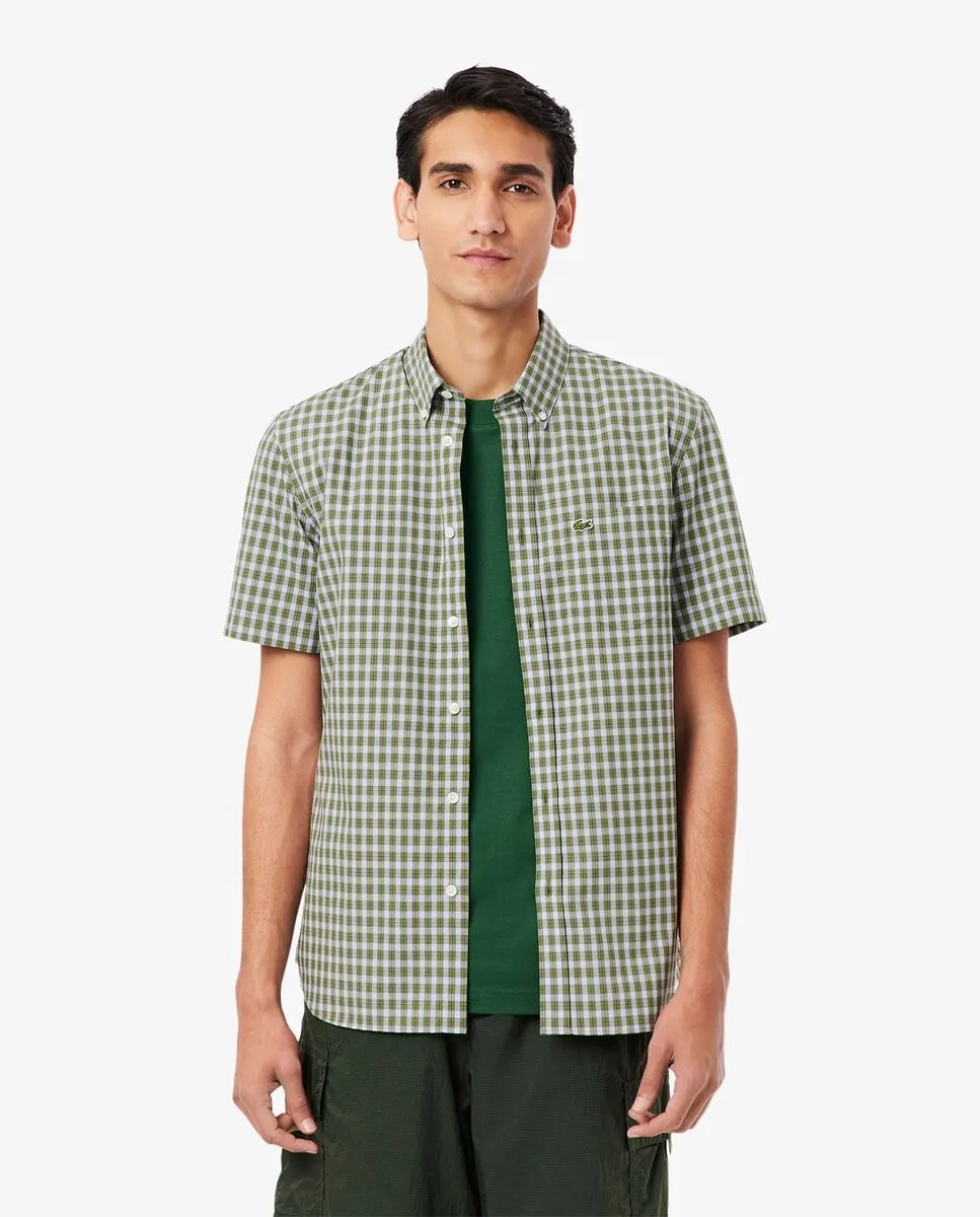 LACOSTE Short Sleeved Buttoned Collar Checked Shirt Green Size - 38