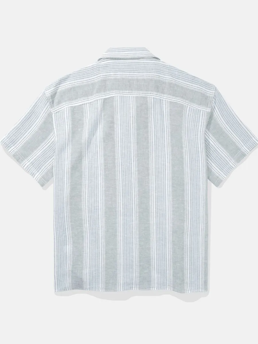 AMERICAN EAGLE MEN SS OVERSIZED CAMP COLLAR LINEN STRIPE 309 OLIVE