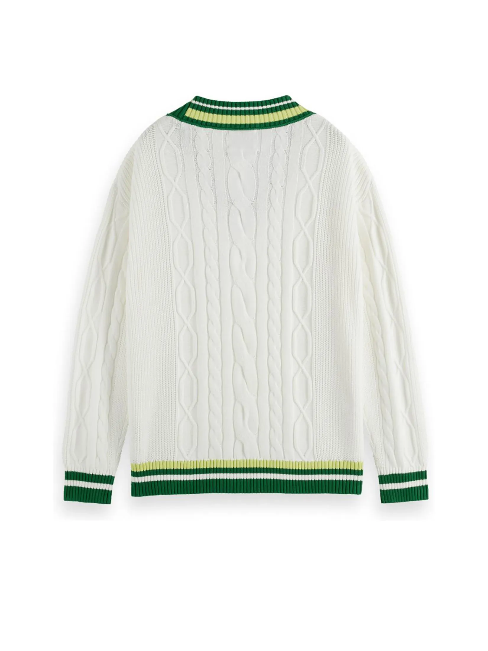 SCOTCH&SODA Men Pullover V-Neck Drop Shoulder Cable Knit White
