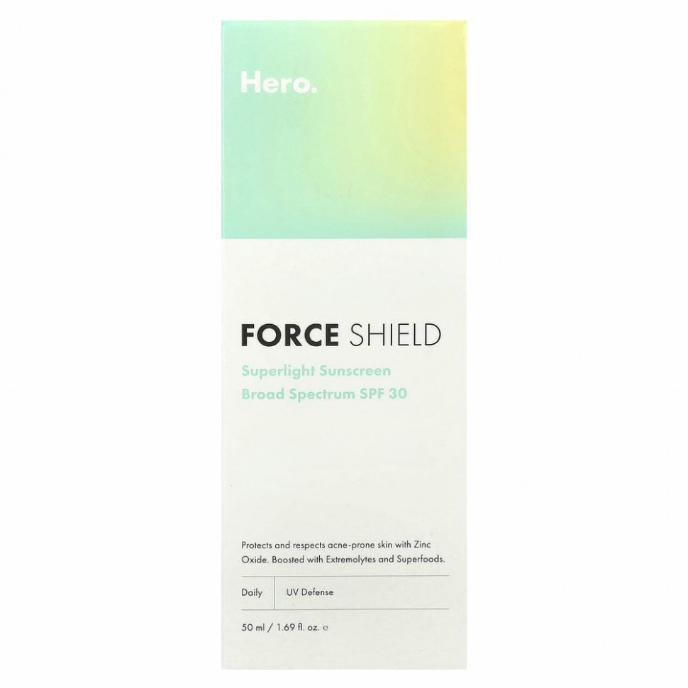 Hero Cosmetics, Force Shield, сверхлегкое солнцезащитное средство, SPF 30, 50 мл (1,69 жидк. Унции)