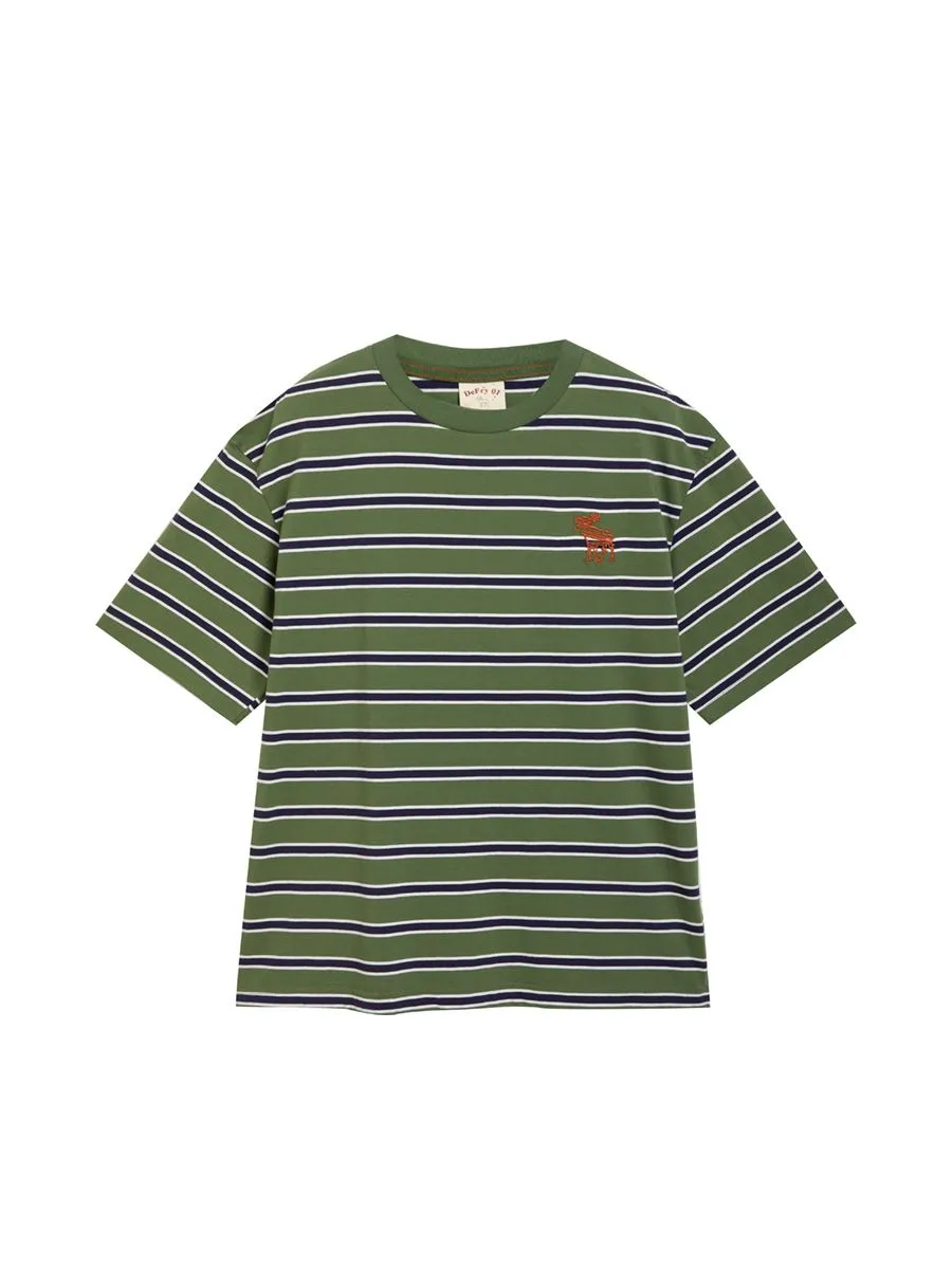 DEFRY 01 Men T-Shirt Crew Neck Short Sleeves Striped Printed Green