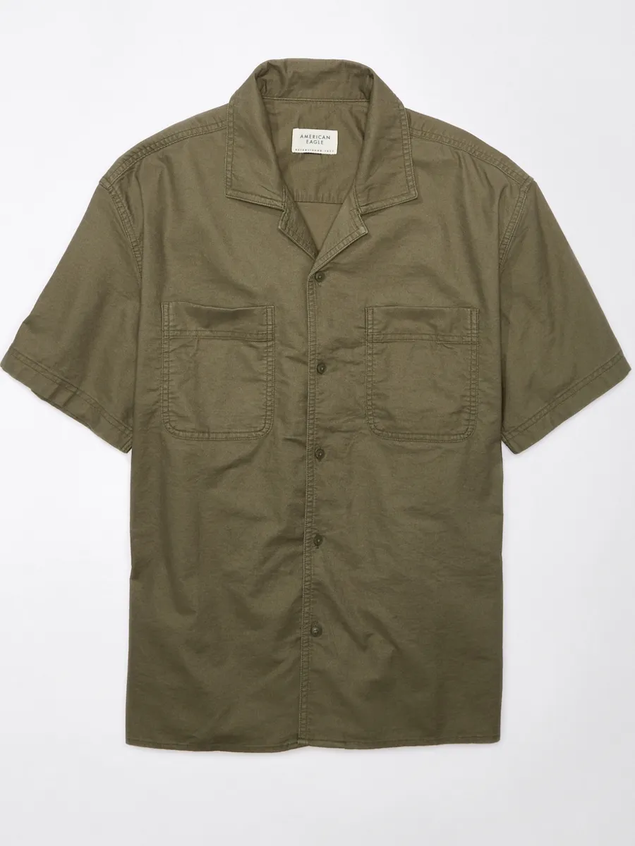 AMERICAN EAGLE MEN OLIVE CLAY SS OVERSIZED CAMP COLLAR PC DYE STRETCH OXFORD 339 HIKER OLIVE