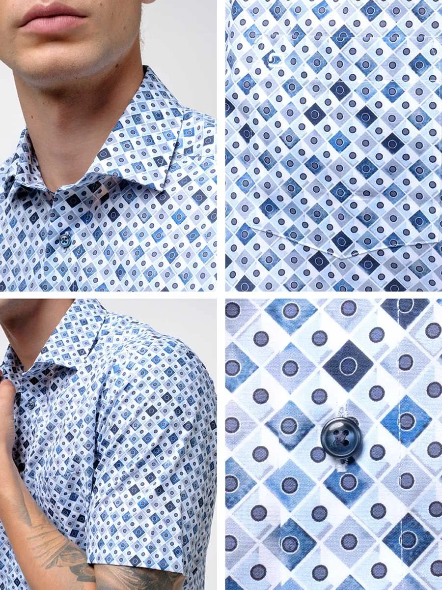 OLYMP MEN SHIRT  SHORT SLEEVES   MODERN FIT BLUE GRAPHIC PATTERN