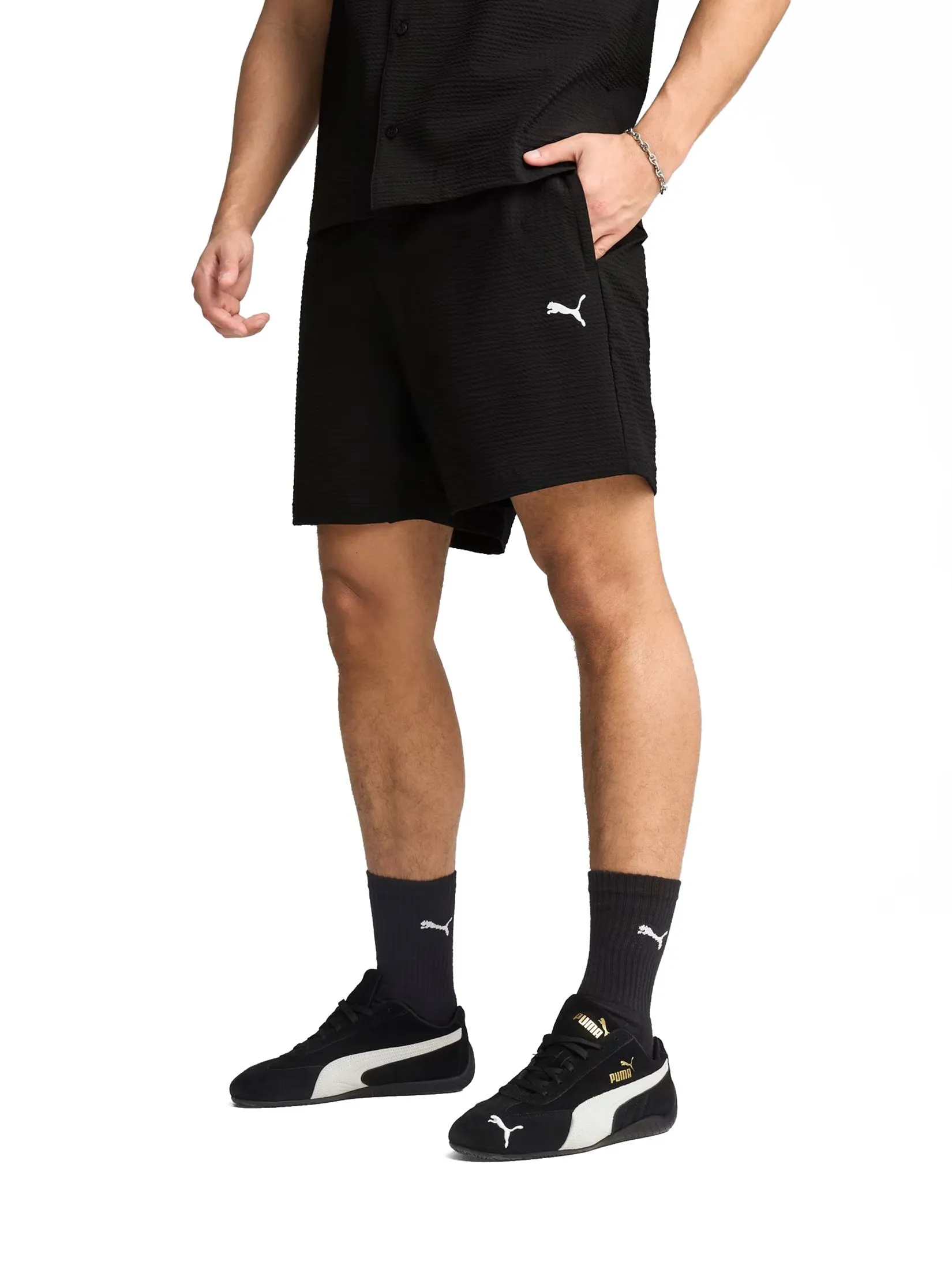 PUMA Men Shorts 6" Wardrobe Essentials Seersucker Relaxed Shorts PUMA Black
