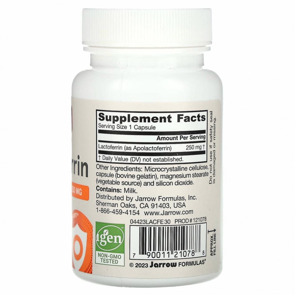 Jarrow Formulas, Лактоферрин, сублимированный, 250 мг, 30 капсул