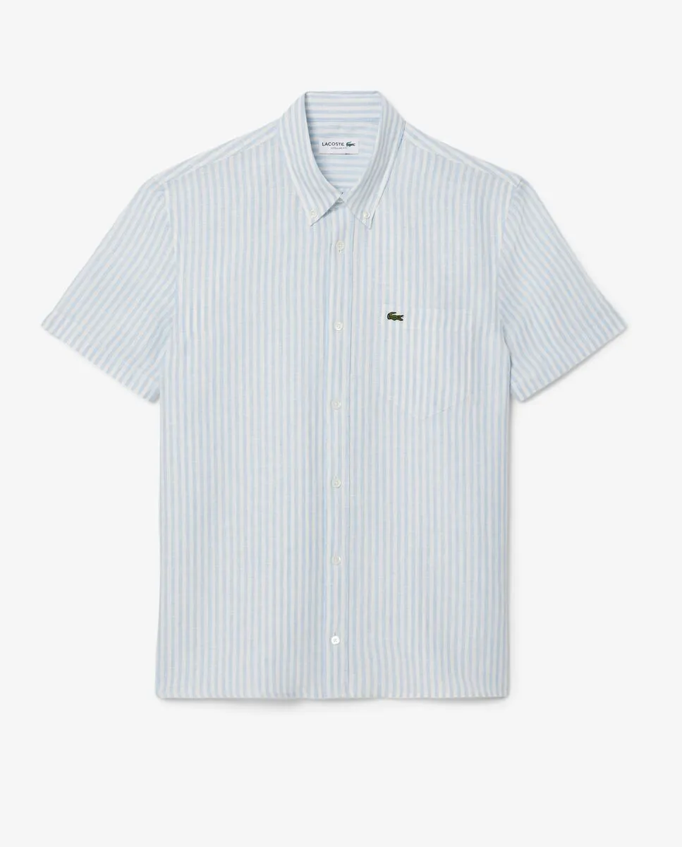 LACOSTE Regular Fit Short Sleeved Linen Shirt Blue Size - 38