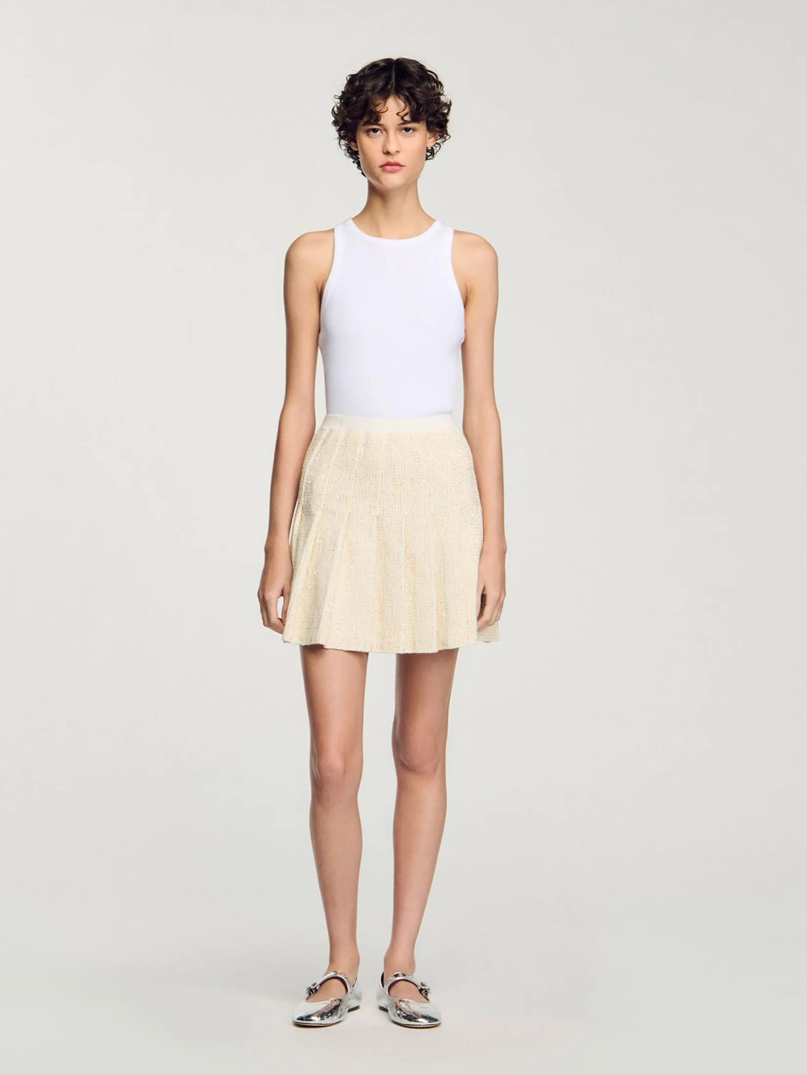 SANDRO Short Tweed Pleated Skirt